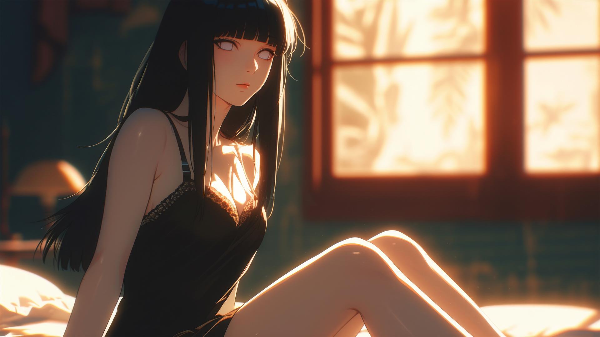 Hinata Hyuga from Naruto in a modern hotel with warm light and white eyes