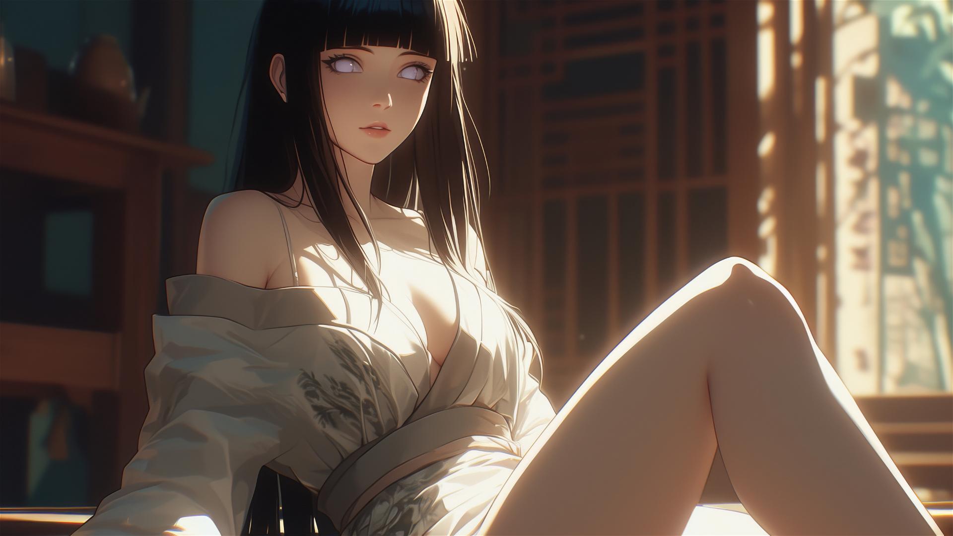 Hinata Hyuga sitting at a modern hotel with warm lighting and white eyes