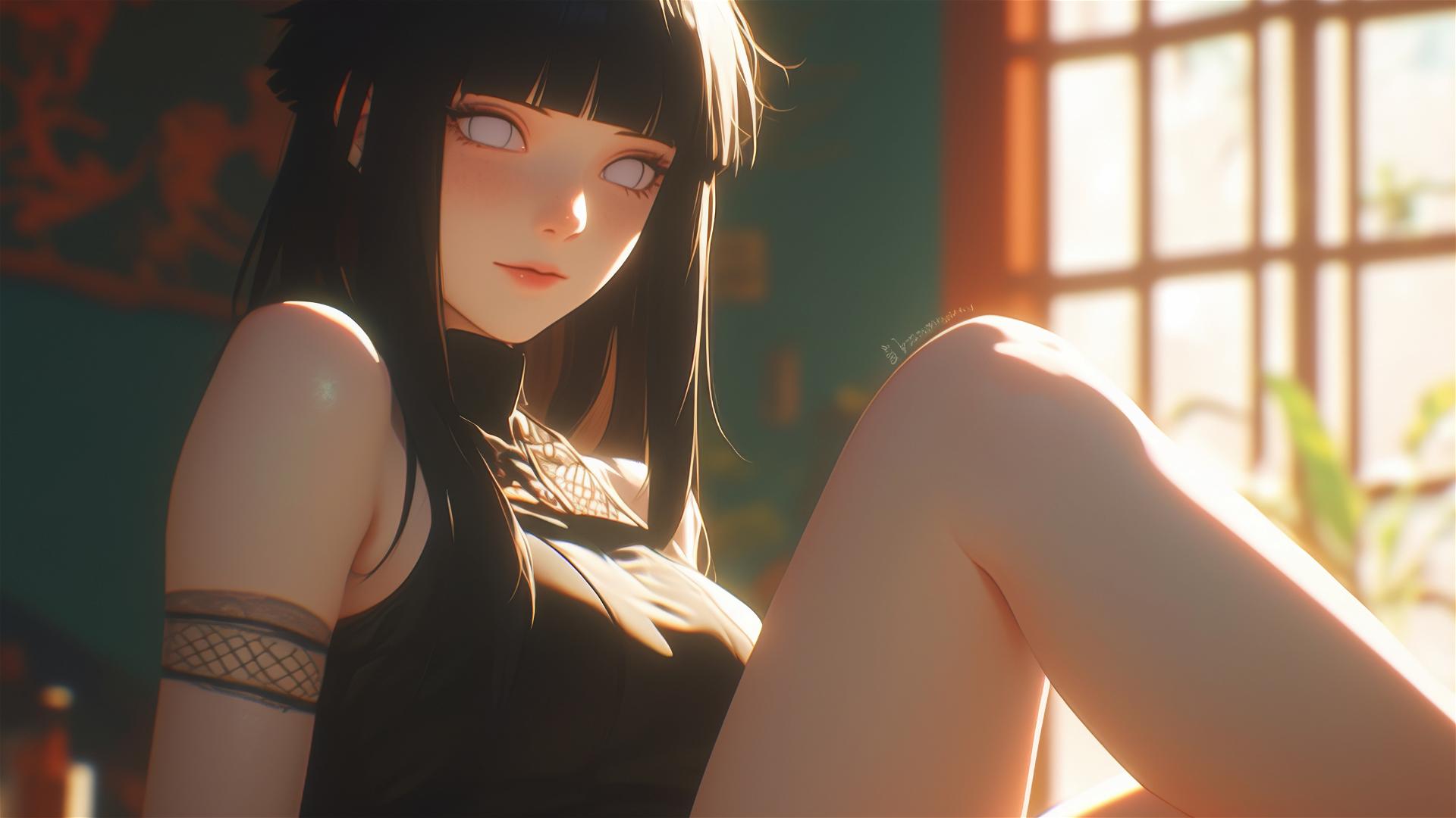 Hinata Hyuga from Naruto sitting in a modern hotel with warm light and white eyes