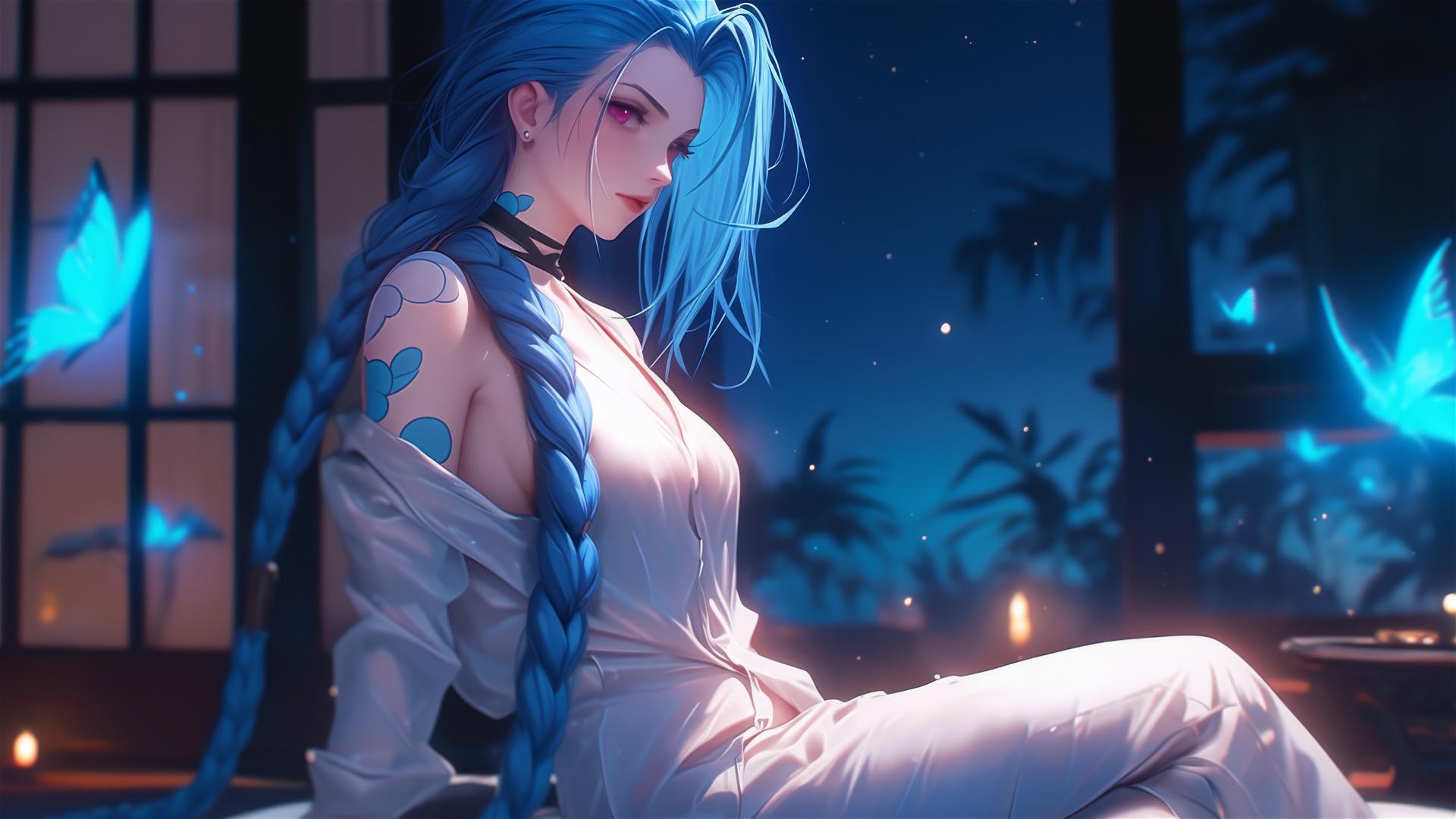 Jinx from League of Legends in silk pajamas, sitting in an apartment bathed in moonlight.