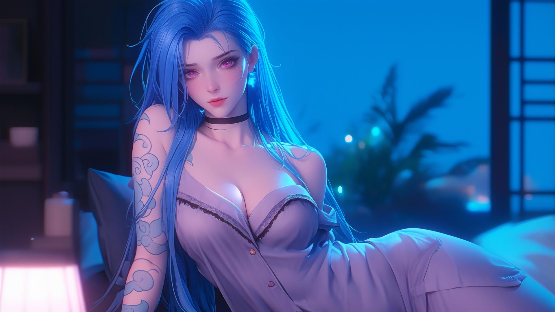 Jinx from League of Legends resting in moonlit apartment