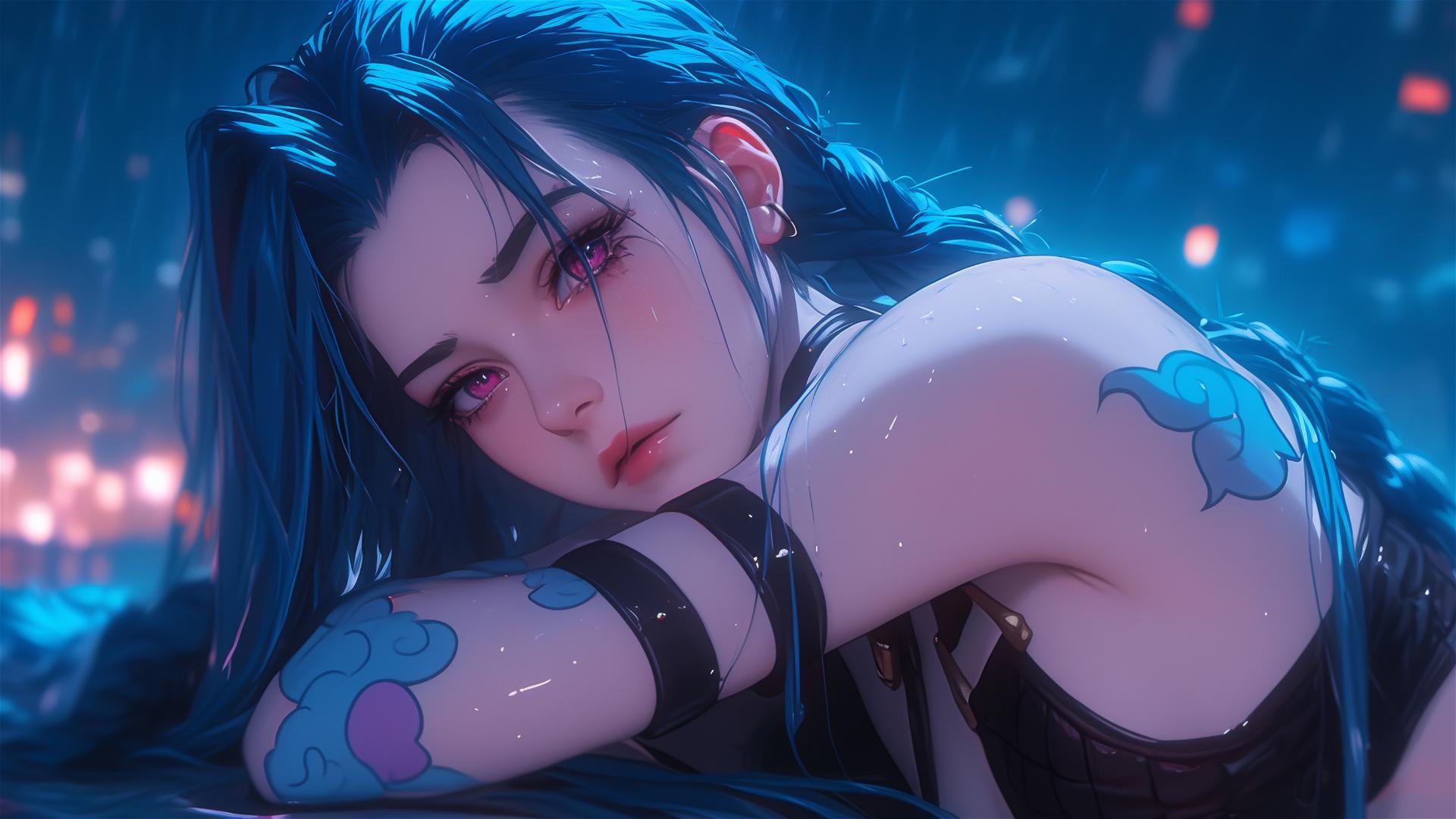 Jinx from League of Legends resting at apartment with moonlight glow