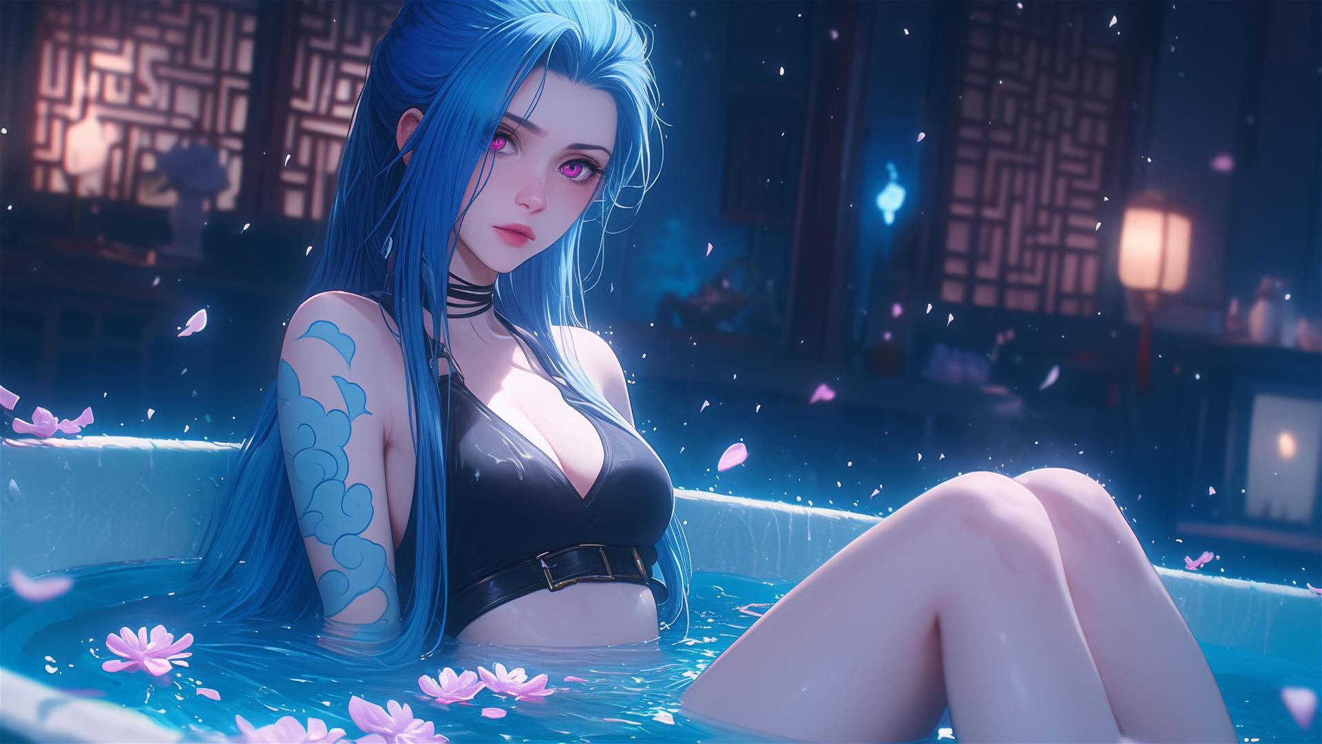 Jinx from League of Legends in a tub with flowers at a Chinese spa