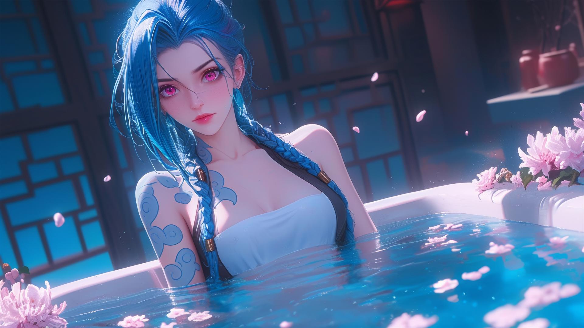 Jinx from League of Legends in a flower-filled tub at a Chinese spa