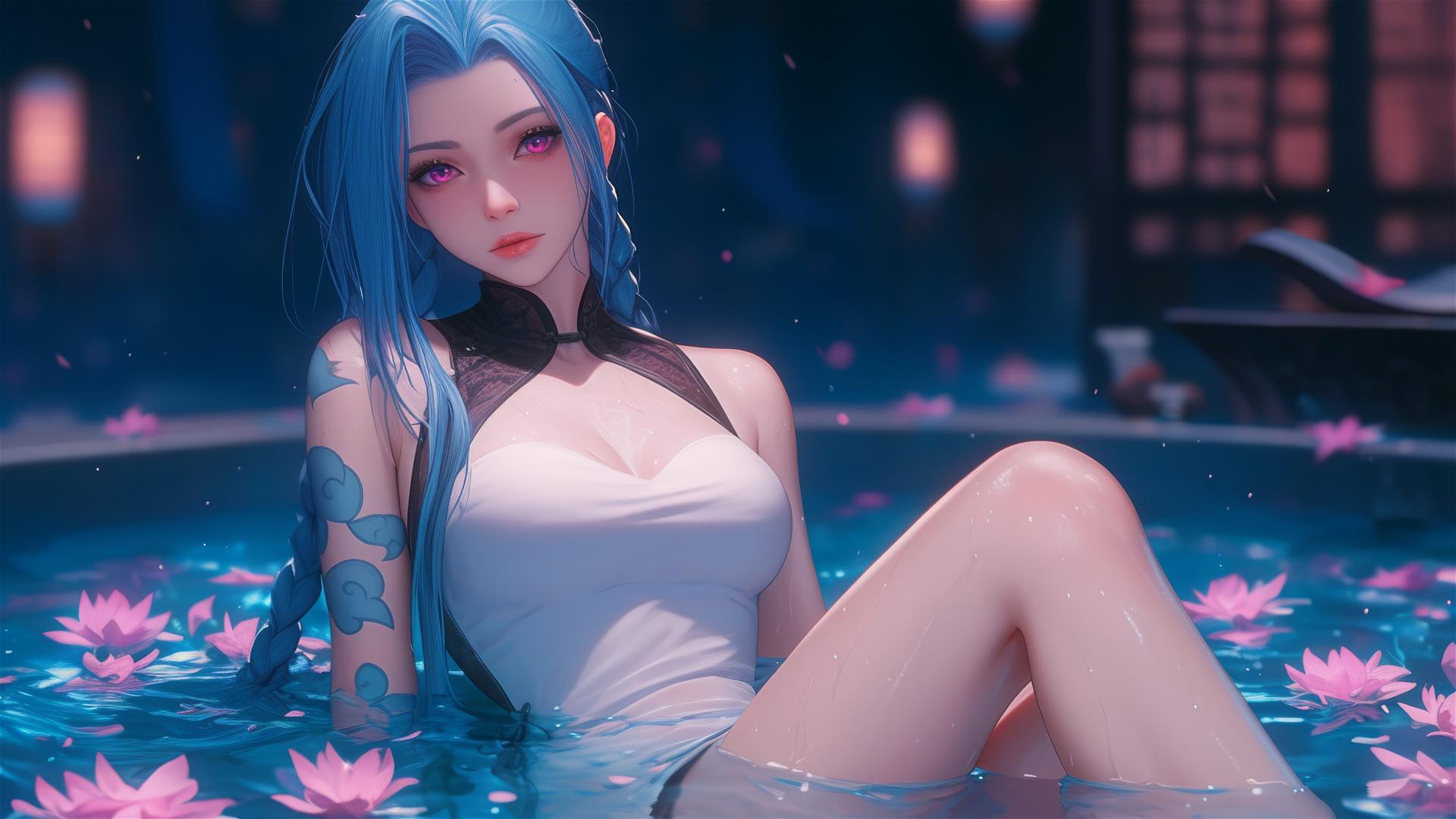 Full body shot of Jinx from League of Legends in tub of flowers at Chinese spa.