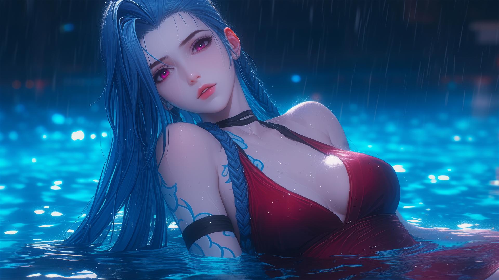 Jinx from League of Legends resting by a rainy swimming pool under moonlight
