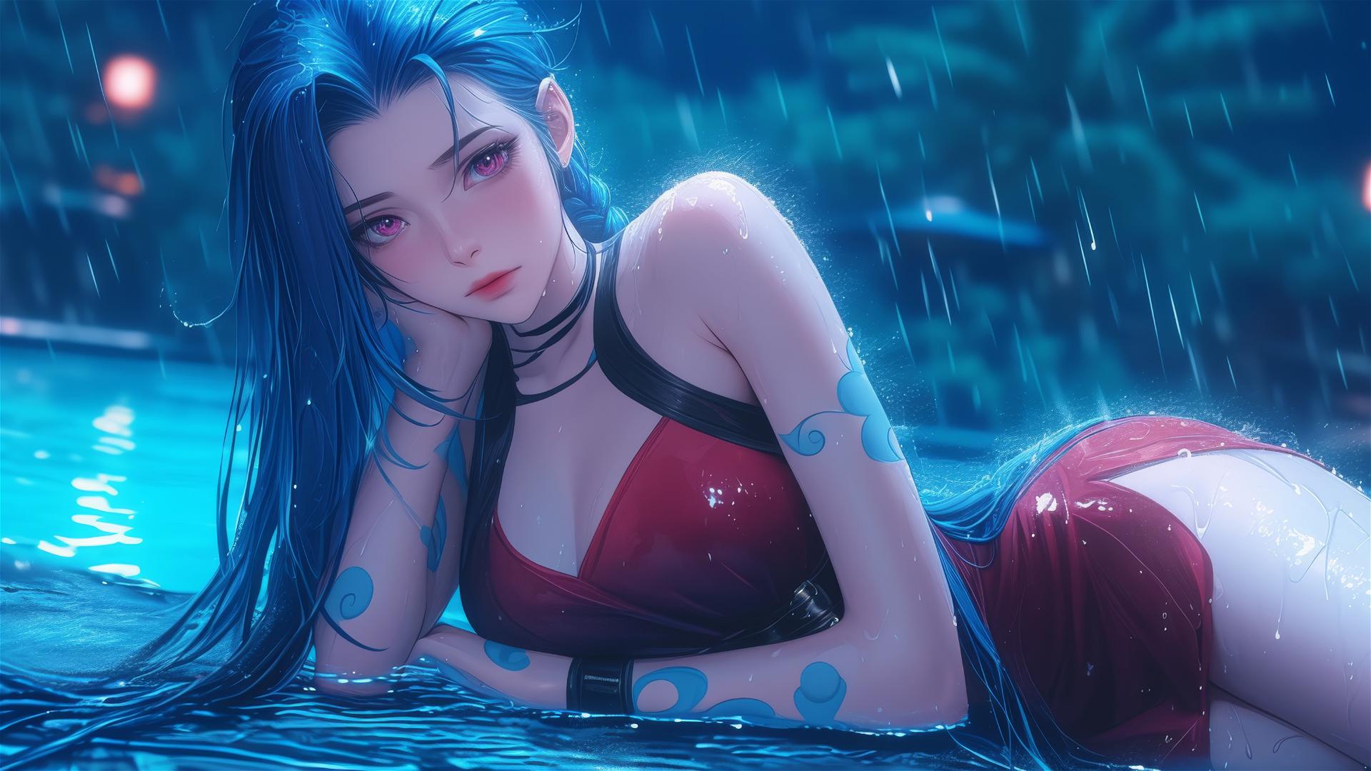 Jinx from League of Legends resting at a rainy swimming pool under moonlight.