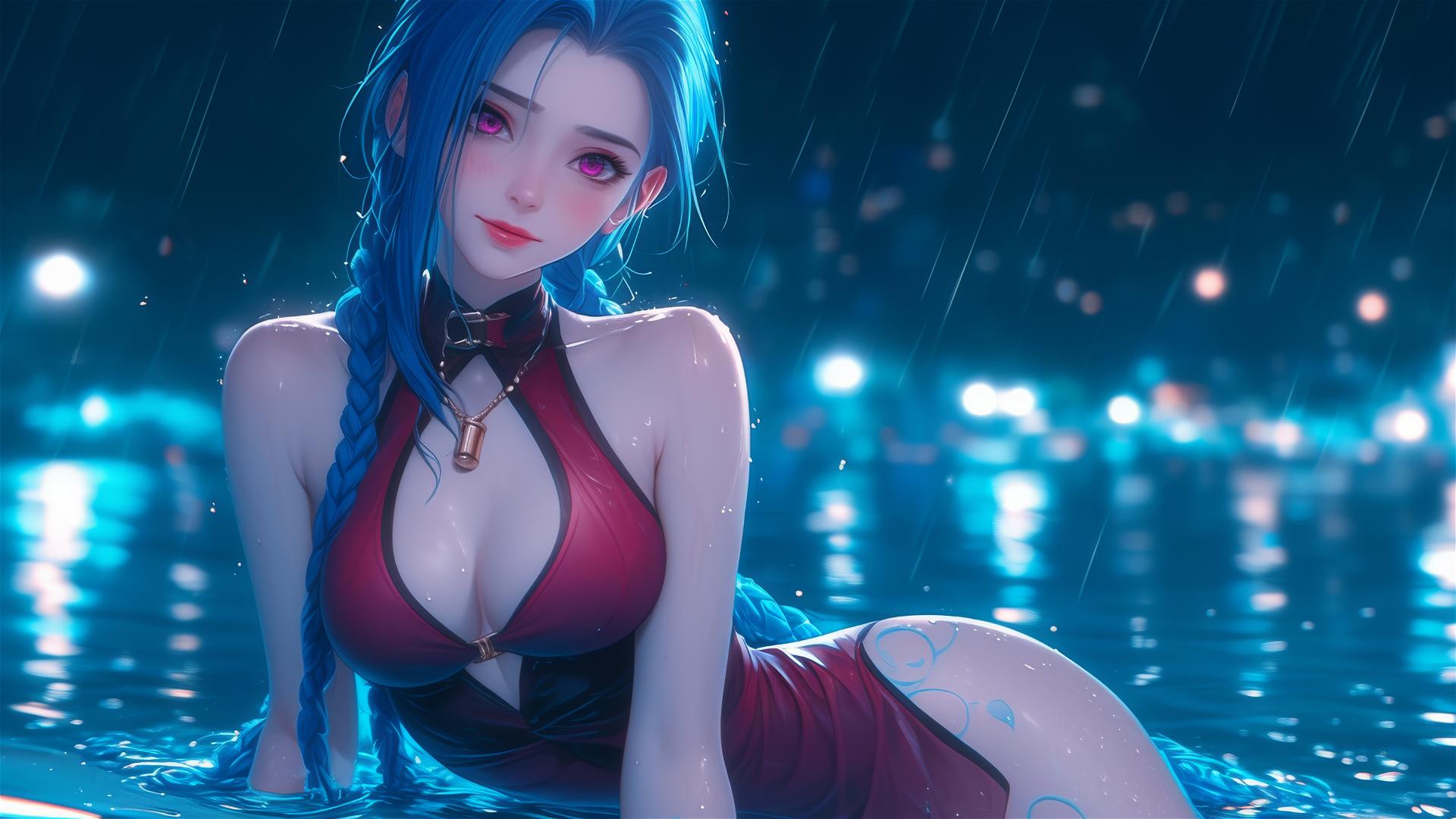 Jinx from League of Legends resting at a rainy swimming pool with moonlight, pink eyes, red dress, blue hair