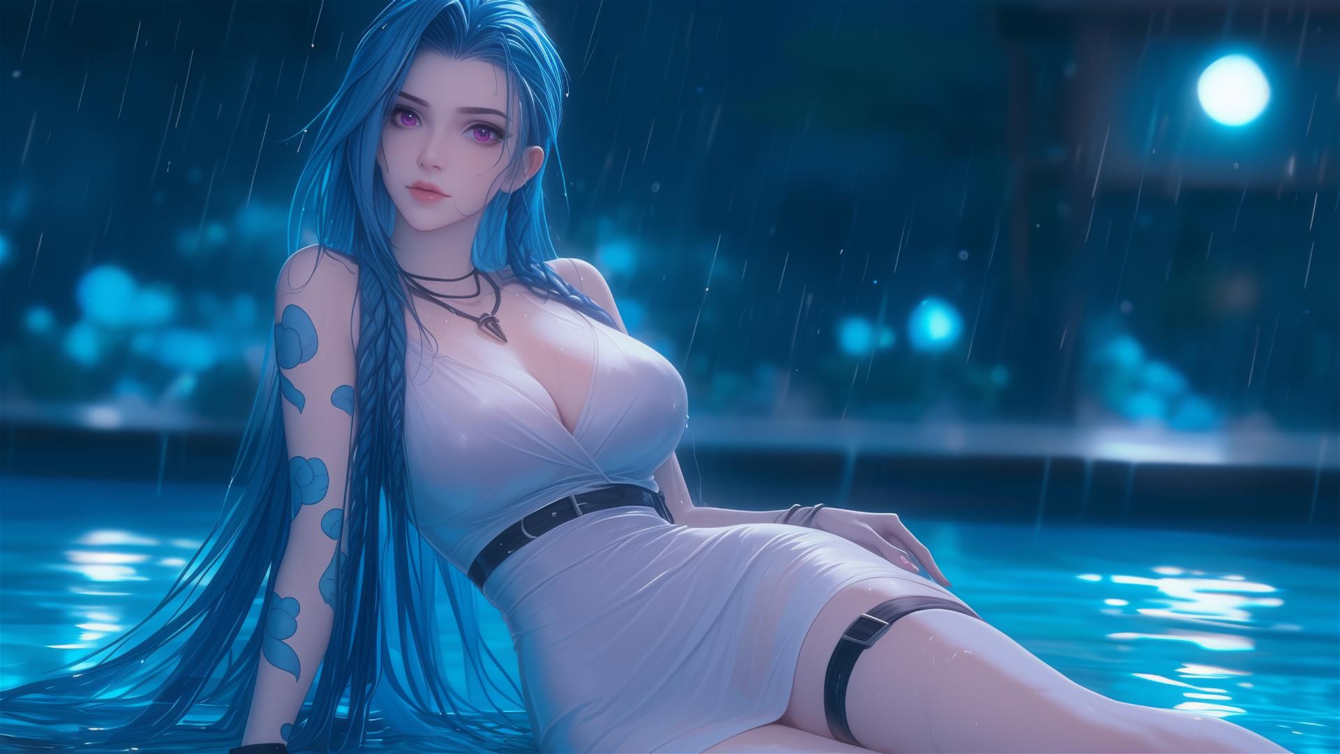 Jinx from League of Legends resting at a rainy pool