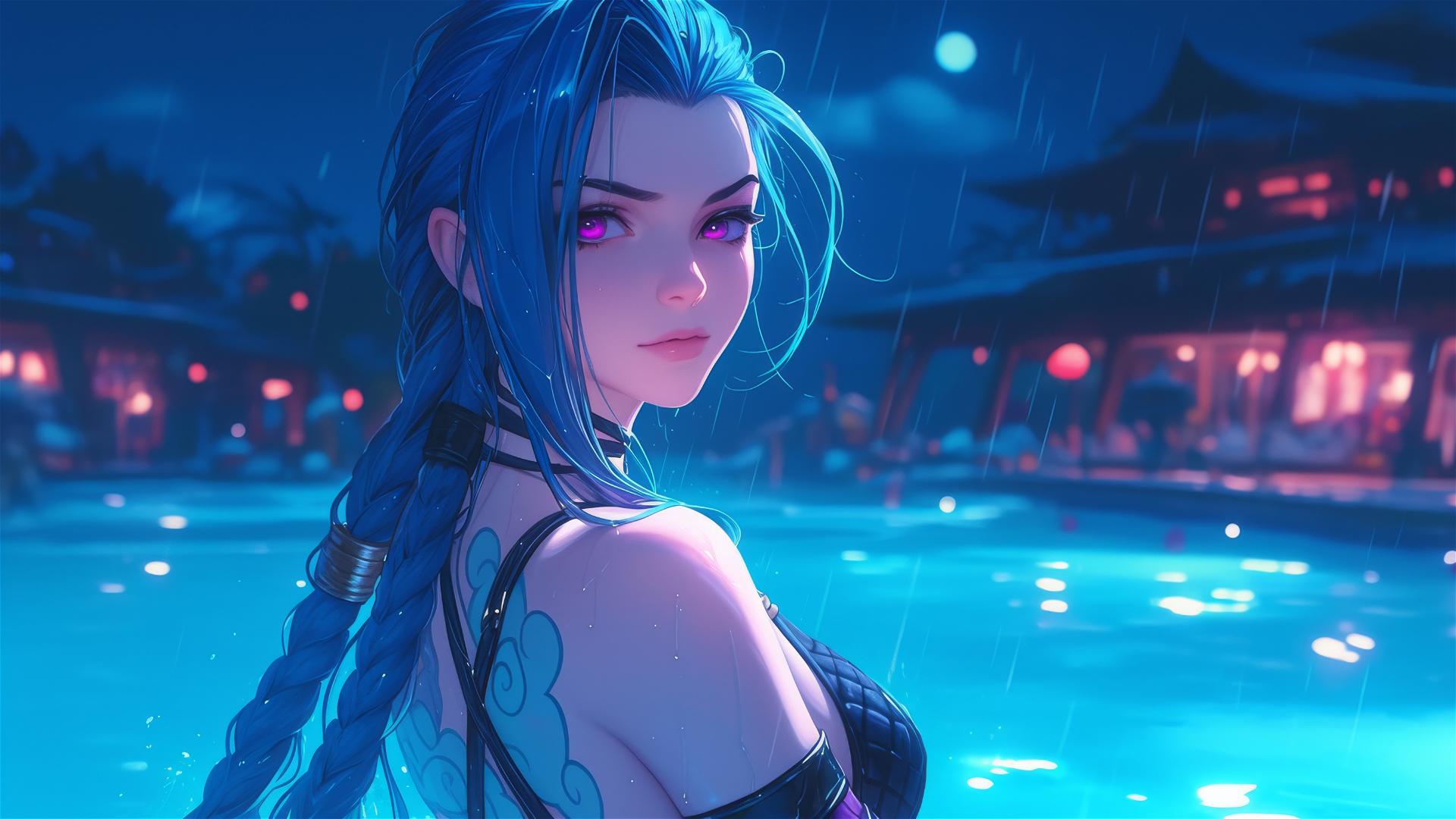 Jinx from League of Legends resting at a rainy swimming pool under moonlight