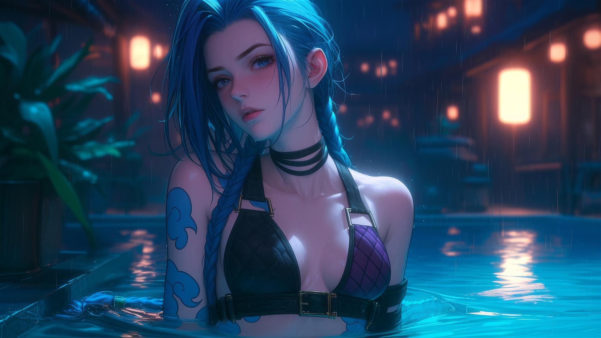 Jinx from League of Legends resting by a rainy pool under moonlight