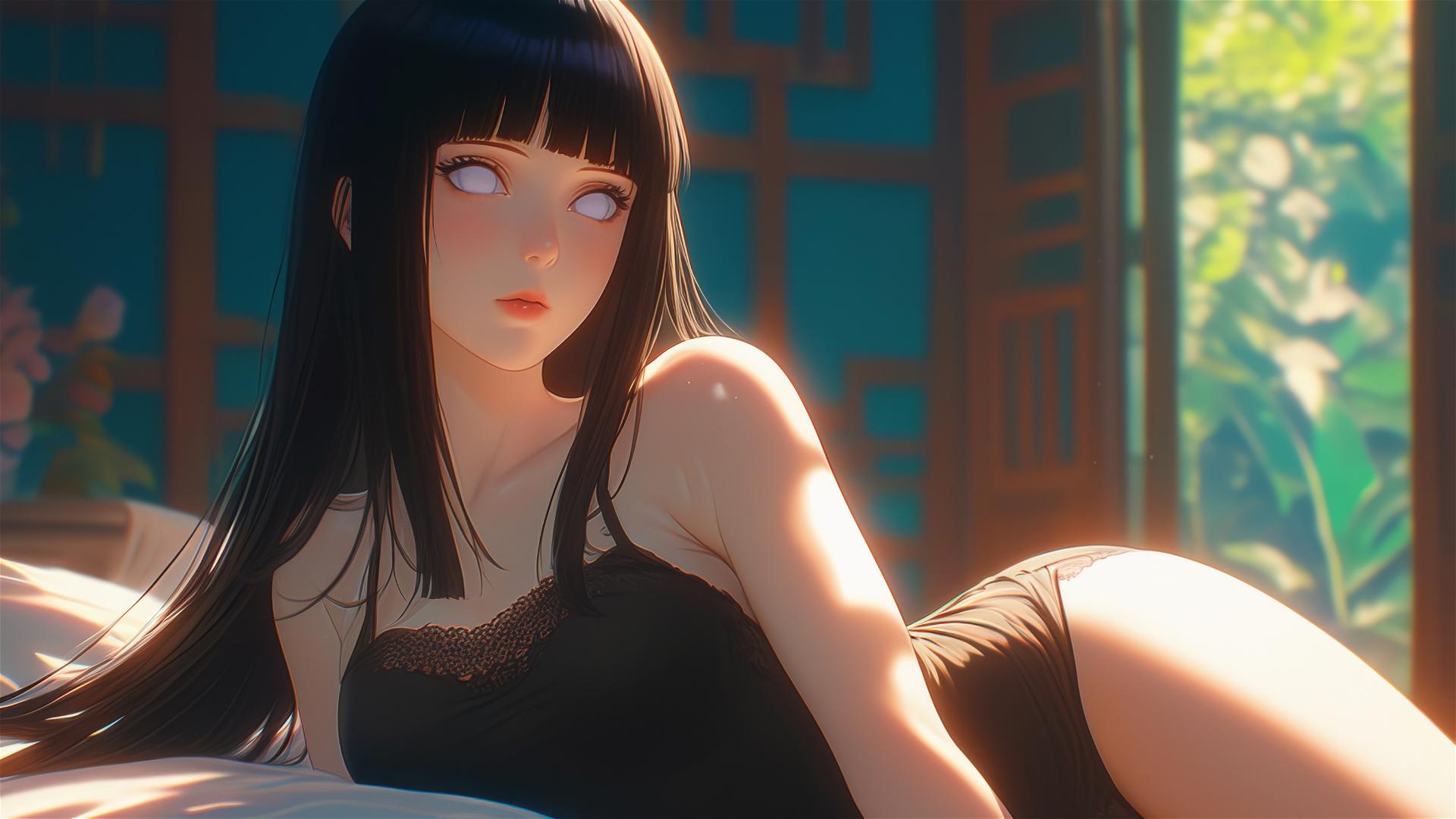 Hinata Hyuga resting in a modern hotel under warm light