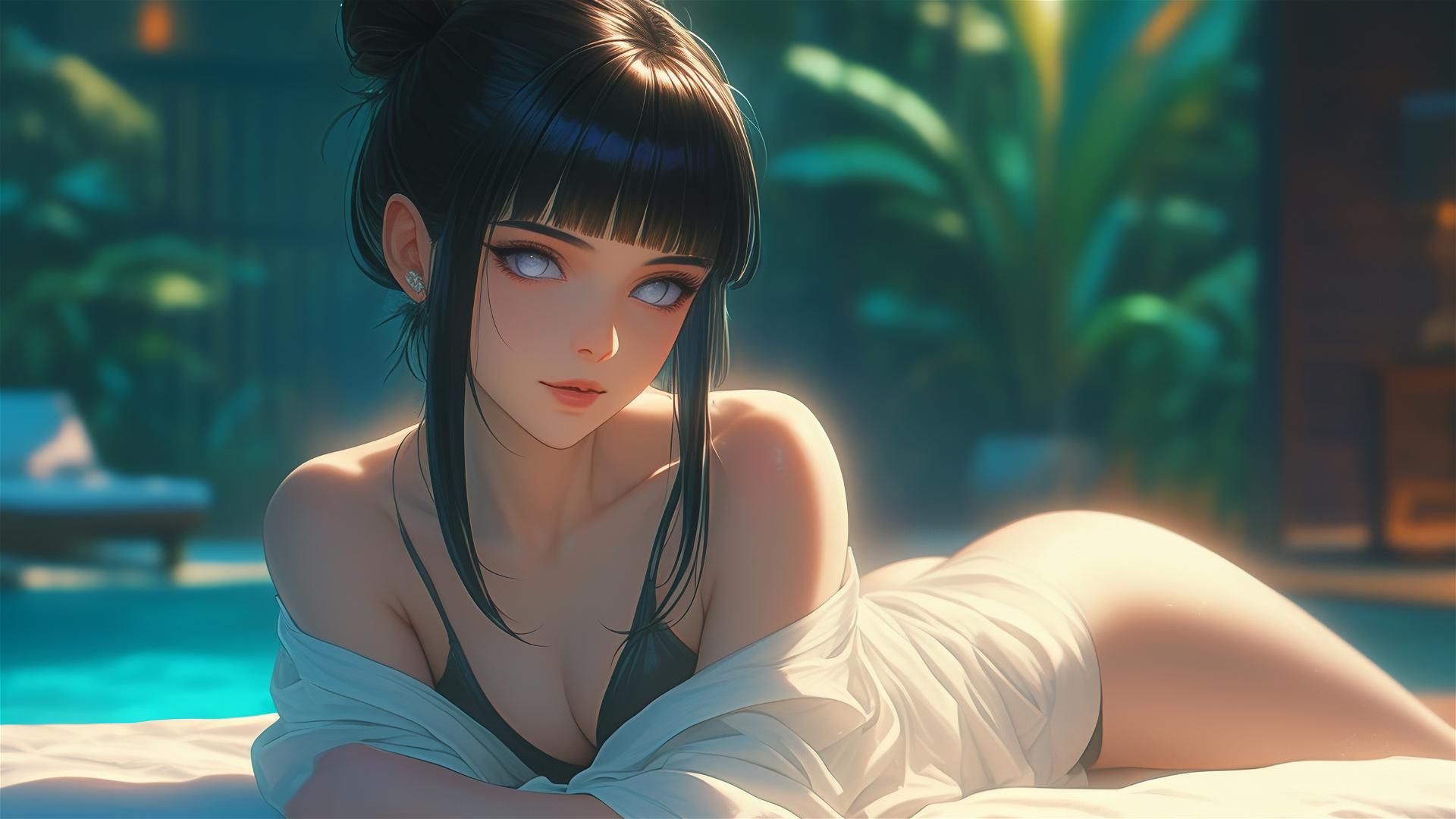 Hinata Hyuga resting leisurely in a modern hotel with warm light glowing softly on her.
