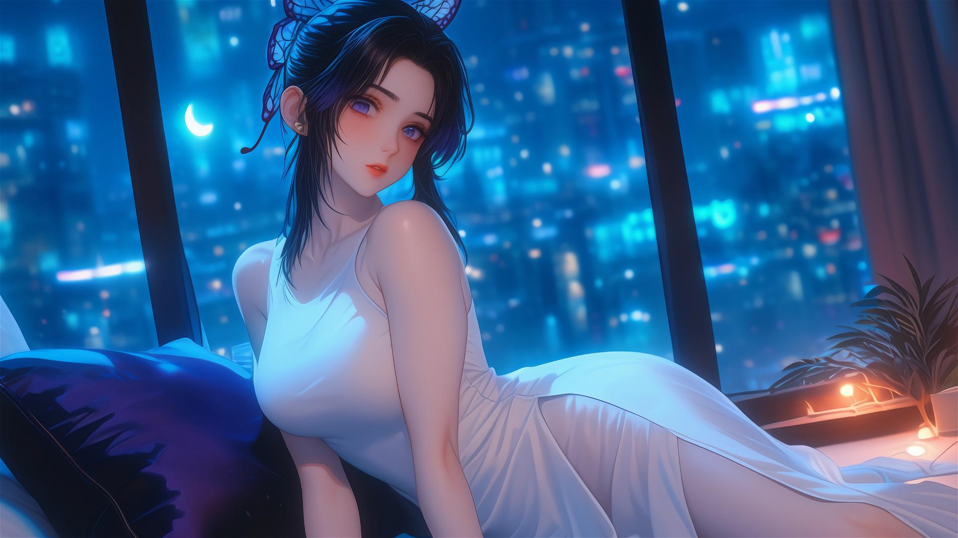 Shinobu Kocho in white dress resting in modern hotel with neon lights and moonlight.