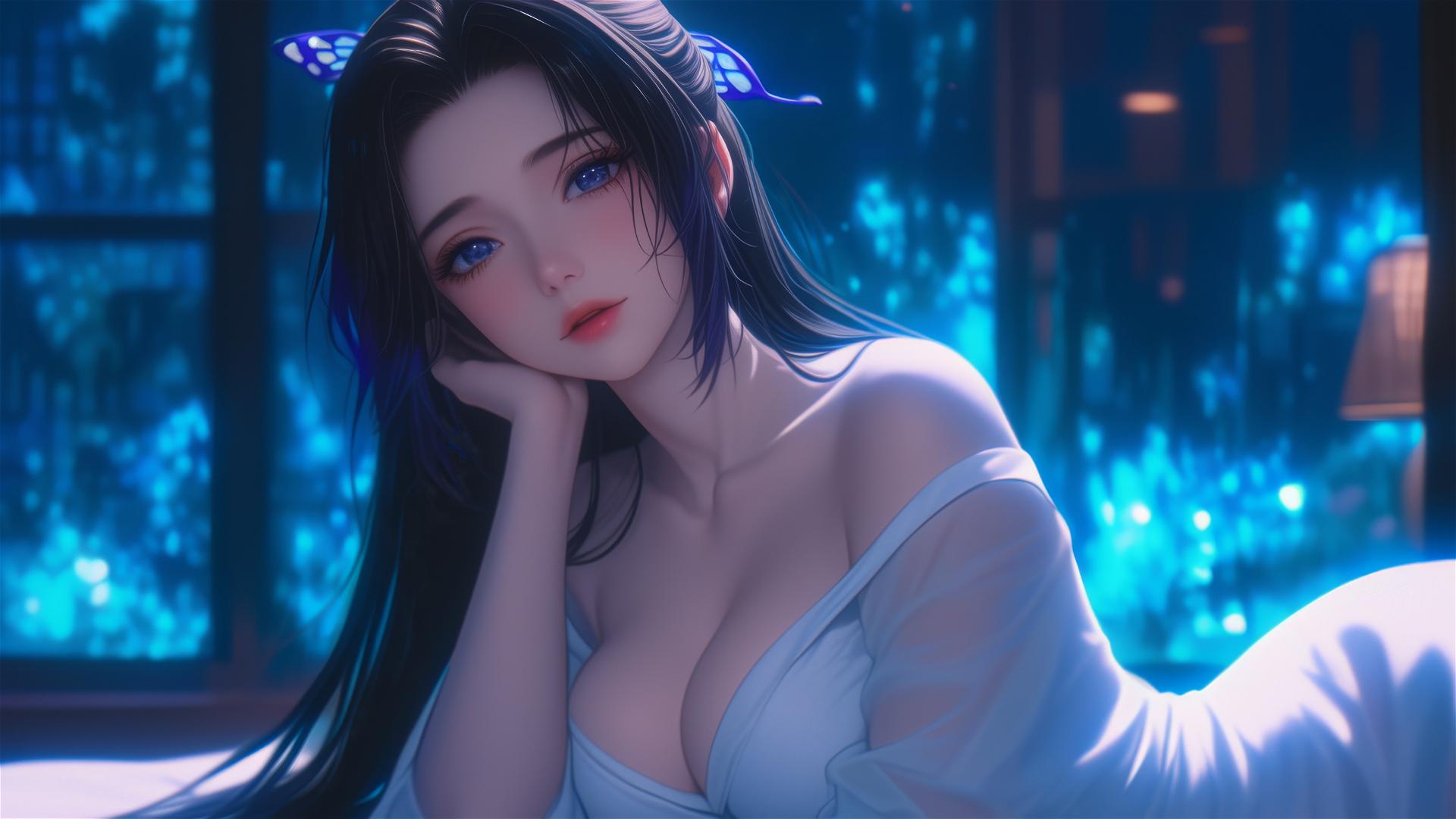 Shinobu Kocho resting in a modern hotel room with glowing neon lights, moonlight casting a soft glow.