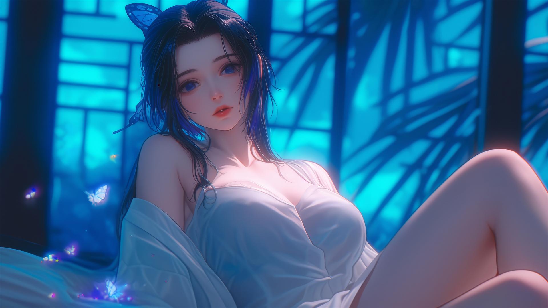 Shinobu Kocho from Demon Slayer resting in a modern hotel room with moonlight