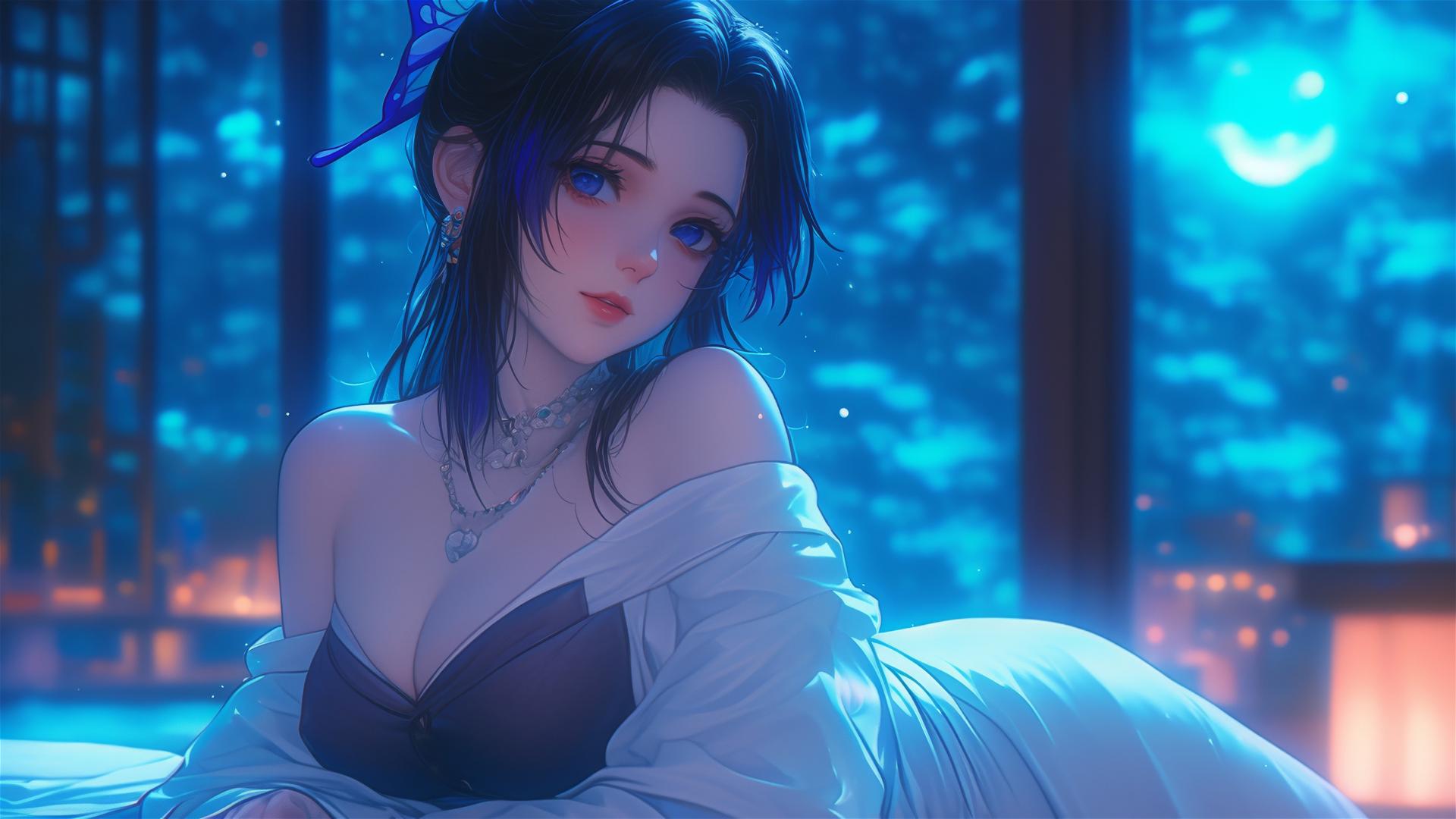 Shinobu Kocho resting in a moonlit modern hotel room