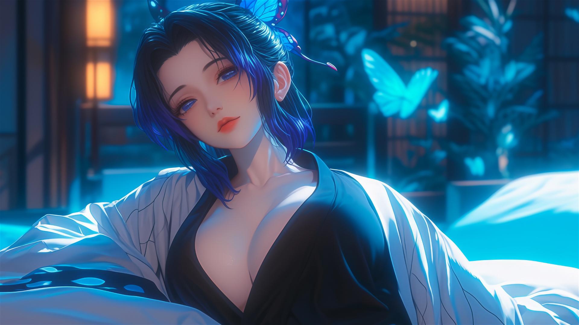 Shinobu Kocho from Demon Slayer resting in a modern hotel room at night
