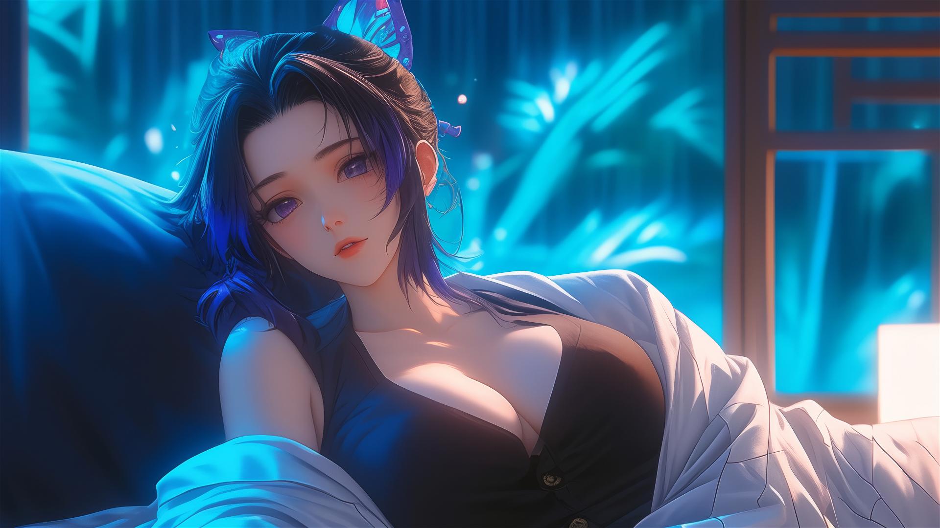 Shinobu Kocho from Demon Slayer resting in a modern hotel room with moonlight glow