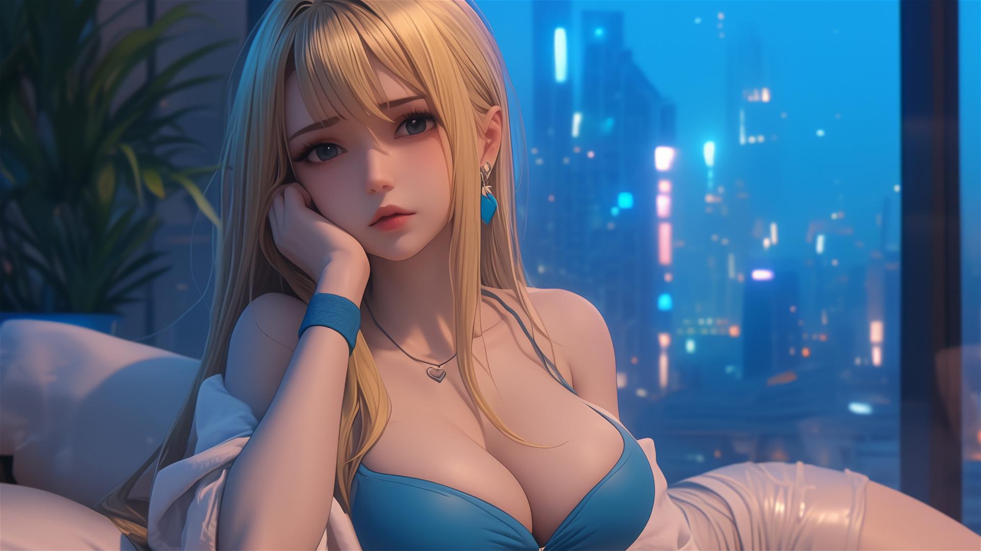 Lucy Heartfilia from Fairy Tail resting in a modern apartment, illuminated by moonlight.