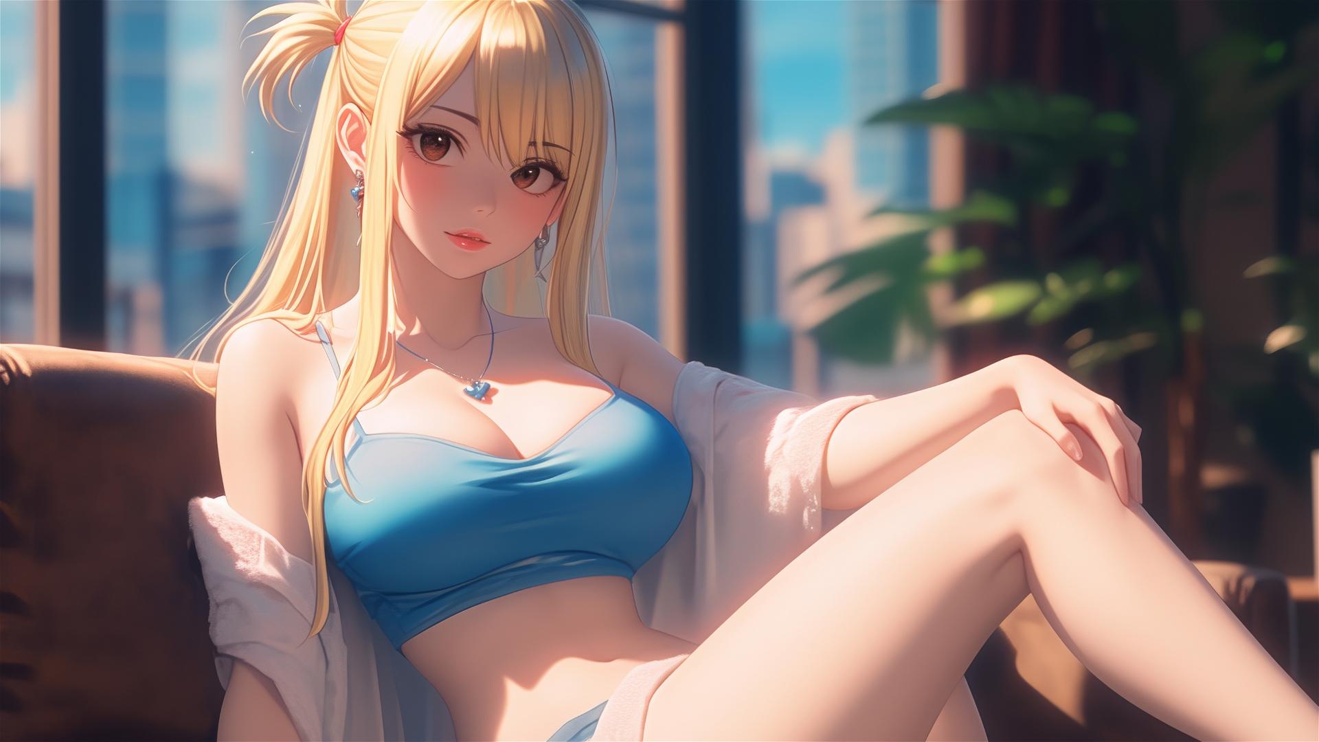 Lucy Heartfilia from Fairy Tail resting in a modern apartment with moonlight glow