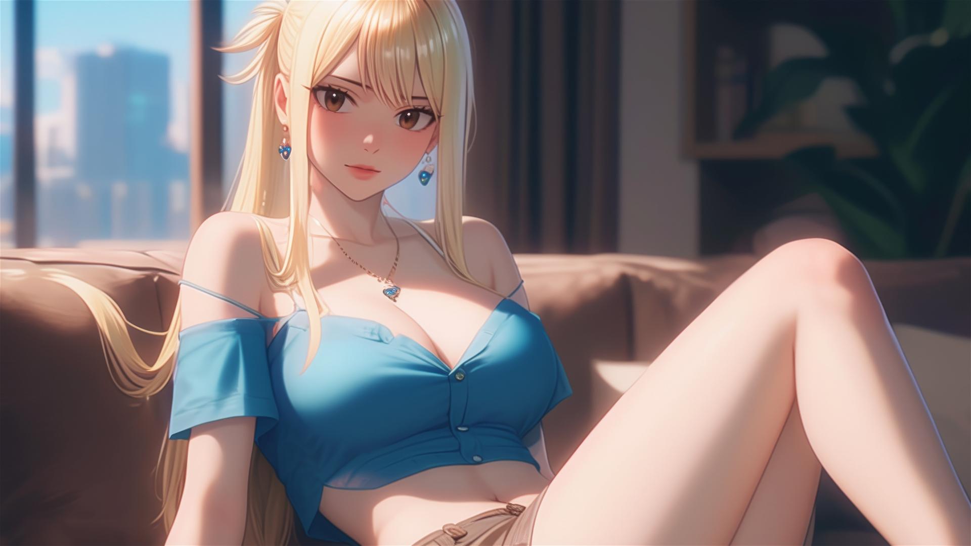 Lucy Heartfilia from Fairy Tail resting in a modern apartment under moonlight