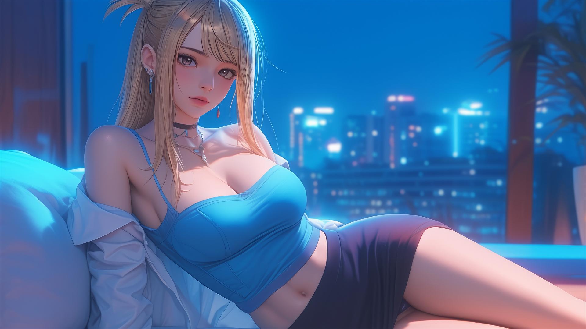 Lucy Heartfilia resting in modern apartment under moonlight glow