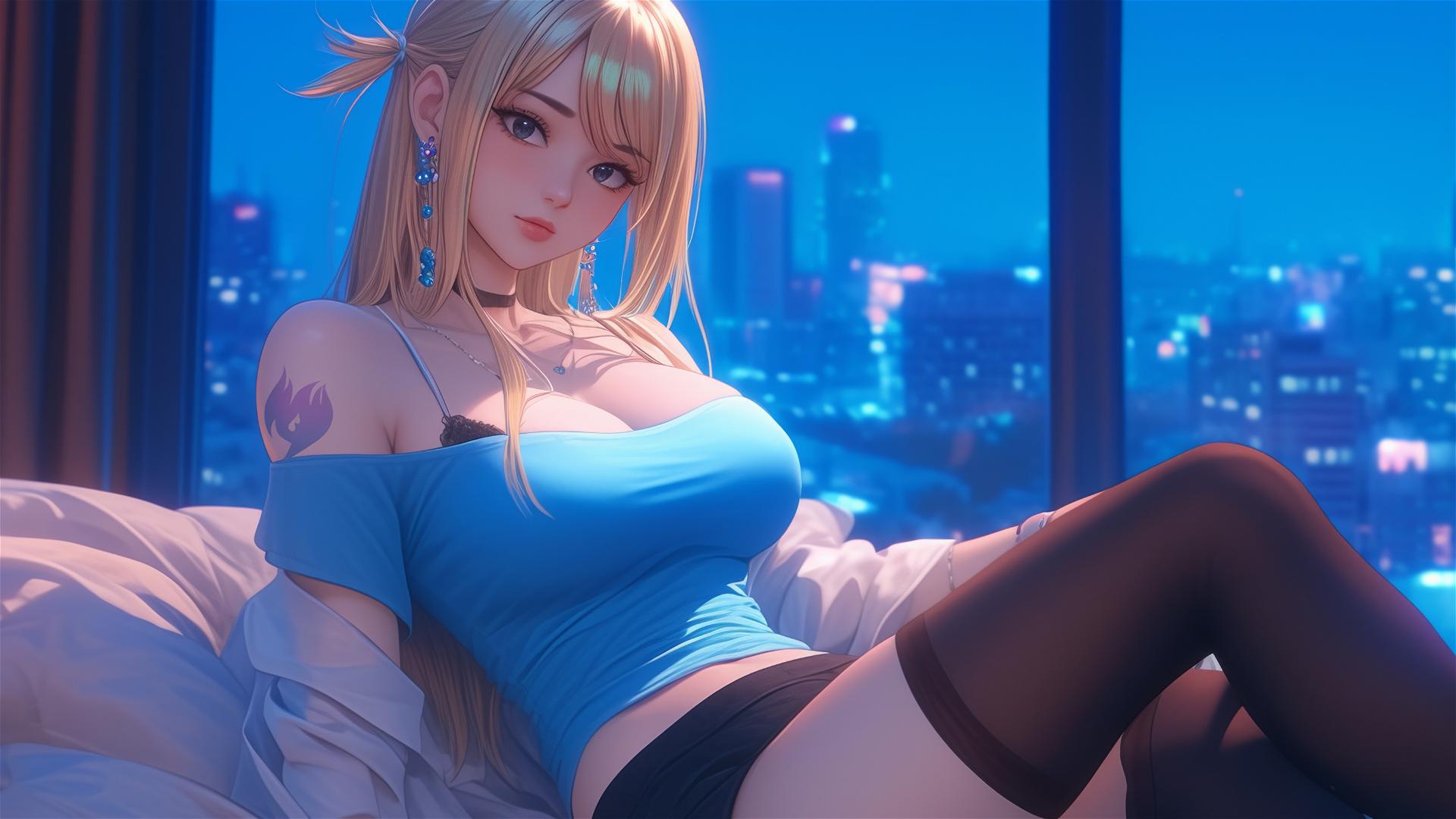 Lucy Heartfilia resting in a modern apartment under moonlight