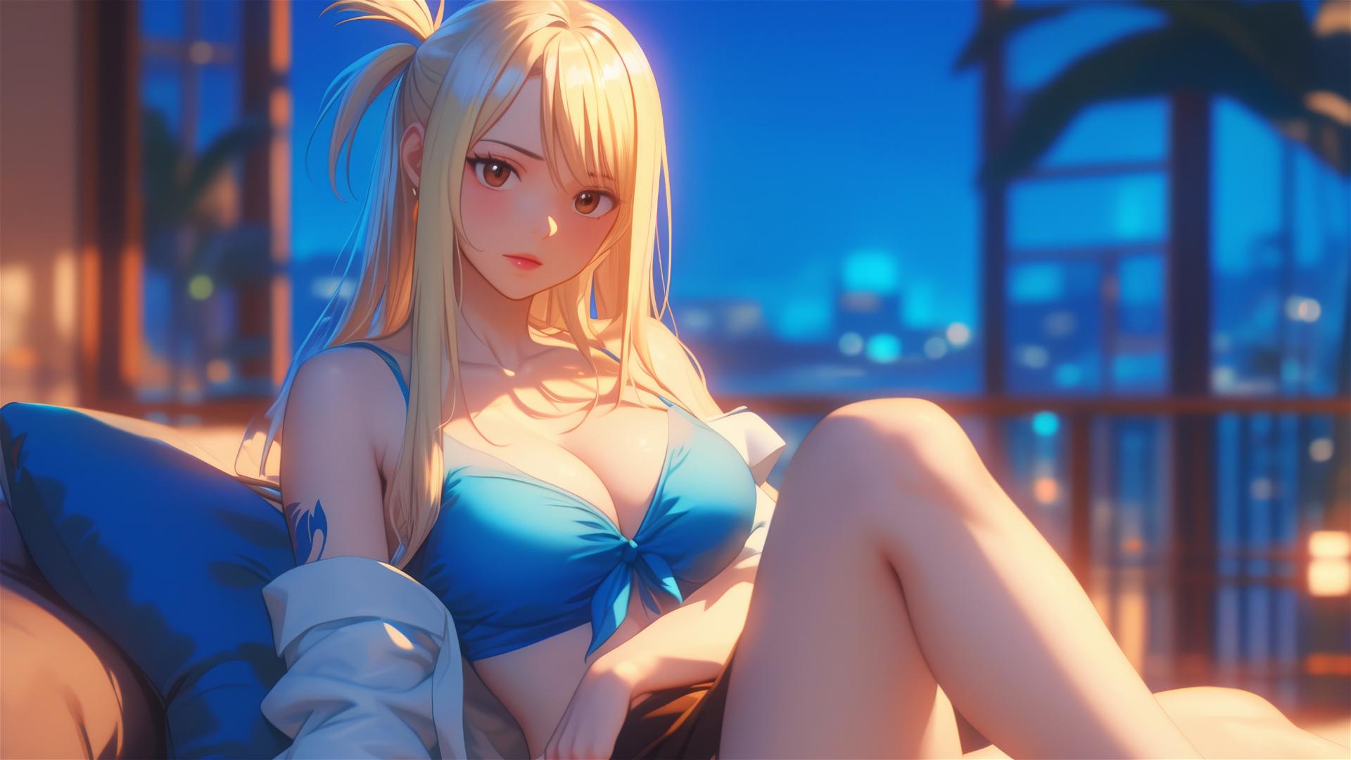 Lucy Heartfilia from Fairy Tail resting in a modern apartment with moonlight glow