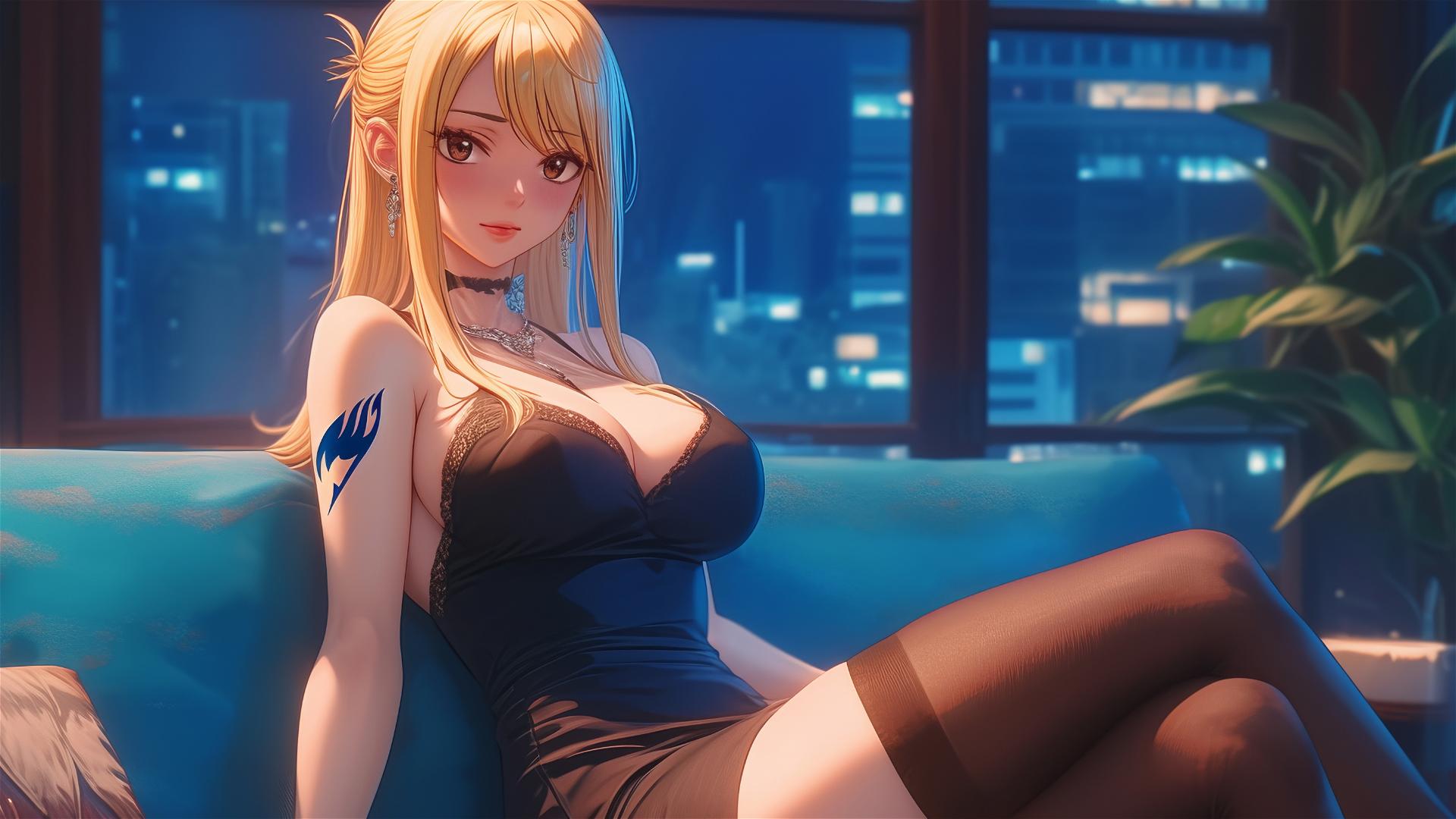 Lucy Heartfilia from Fairy Tail rests in a modern apartment, moonlight glowing.