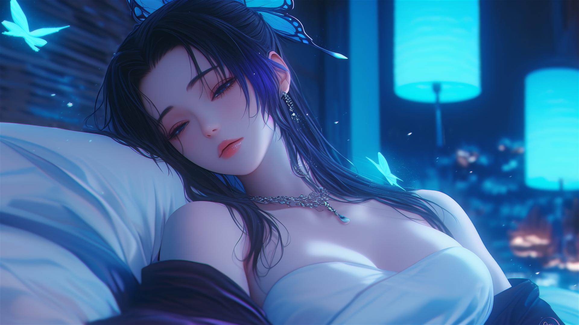 Shinobu Kocho resting in modern hotel room with neon and moonlight