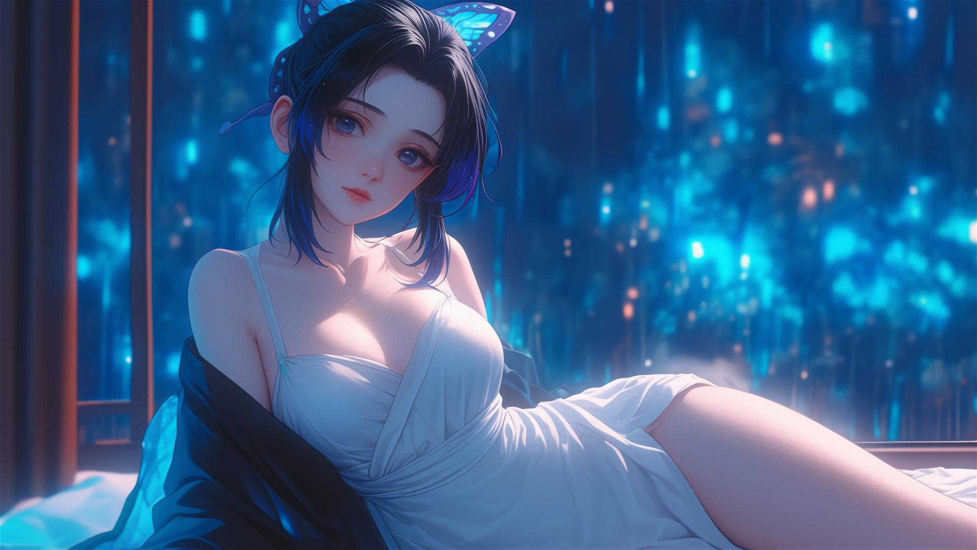 Shinobu Kocho from Demon Slayer in modern hotel with neon lights and moonlight
