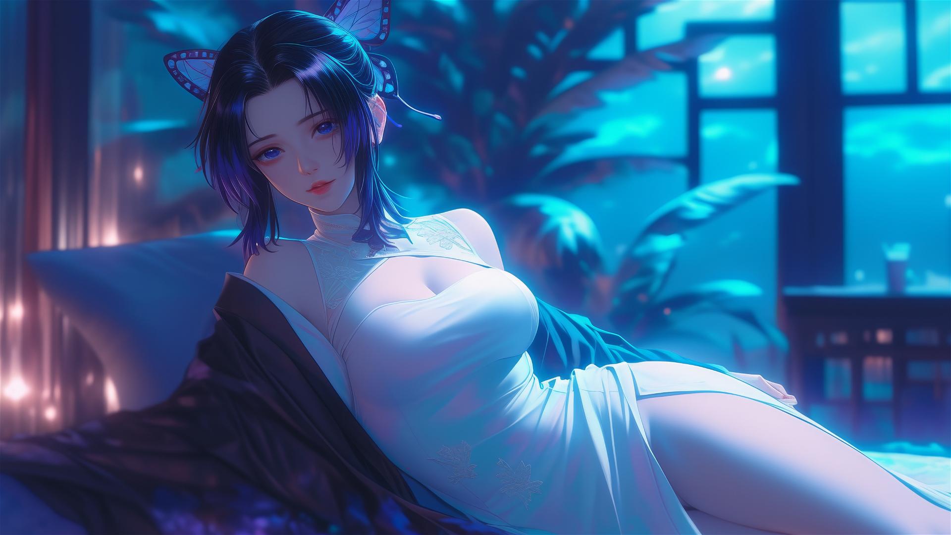 Shinobu Kocho resting in modern hotel with neon and moonlight