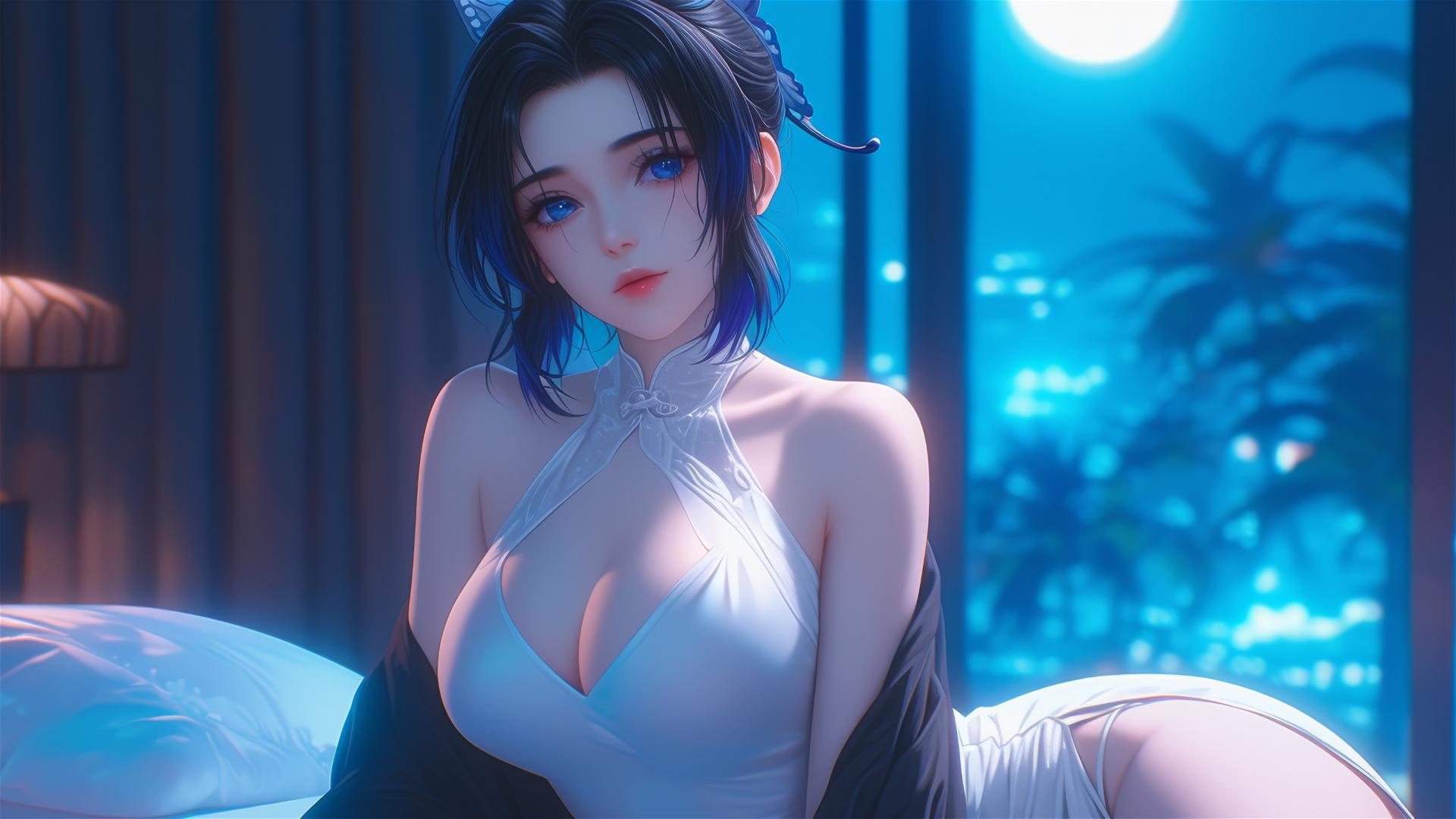 Shinobu Kocho resting in a modern hotel room with neon lights and moonlight.