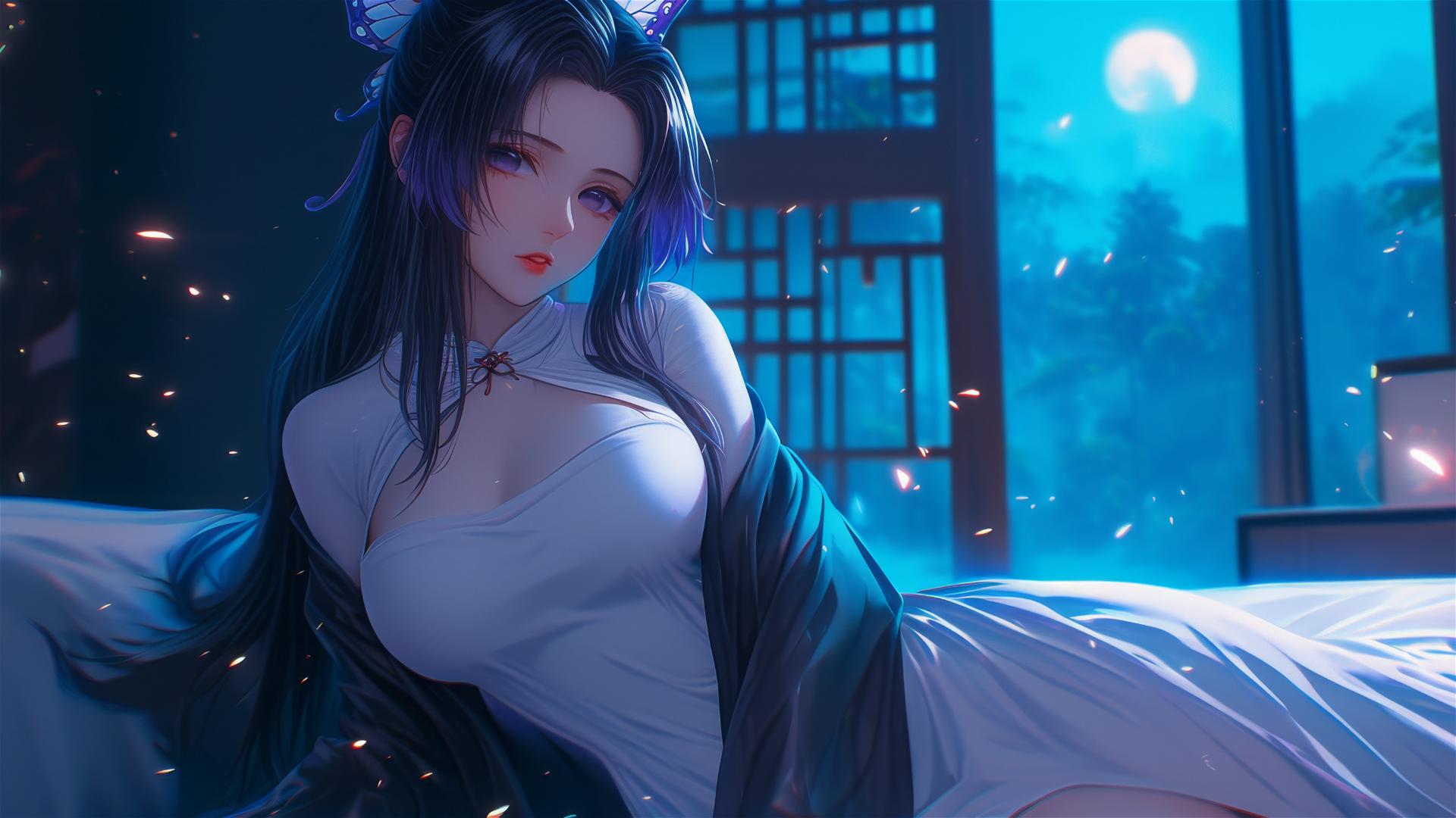 Shinobu Kocho resting in a modern hotel room with neon lights and moonlight glow.