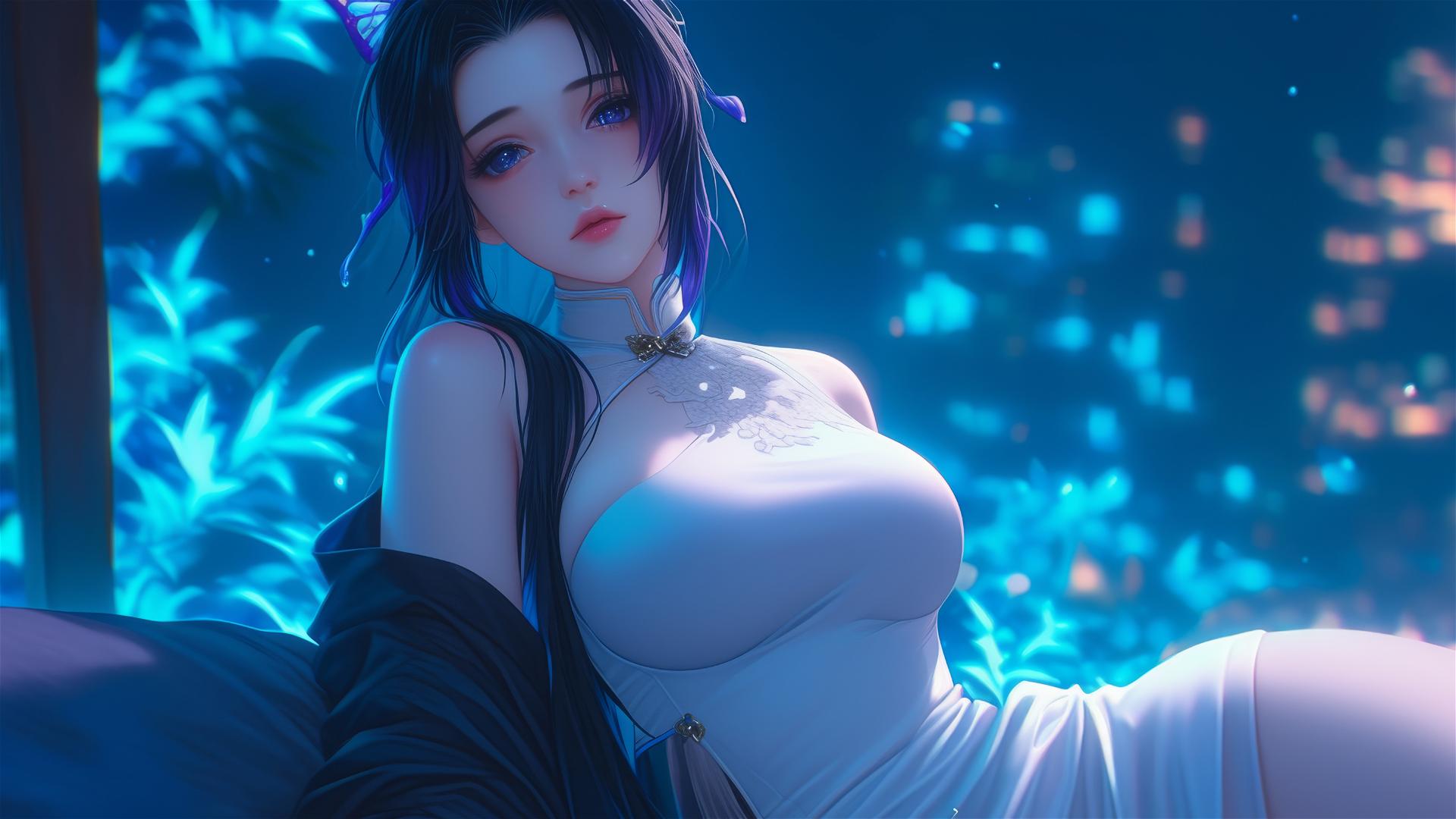 Shinobu Kocho resting in modern hotel room with neon and moonlight