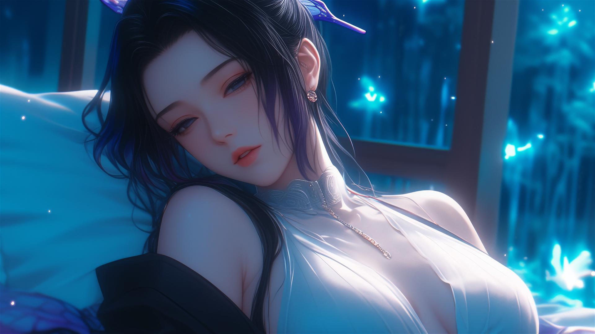 Shinobu Kocho from Demon Slayer resting in modern hotel room with moonlight glow