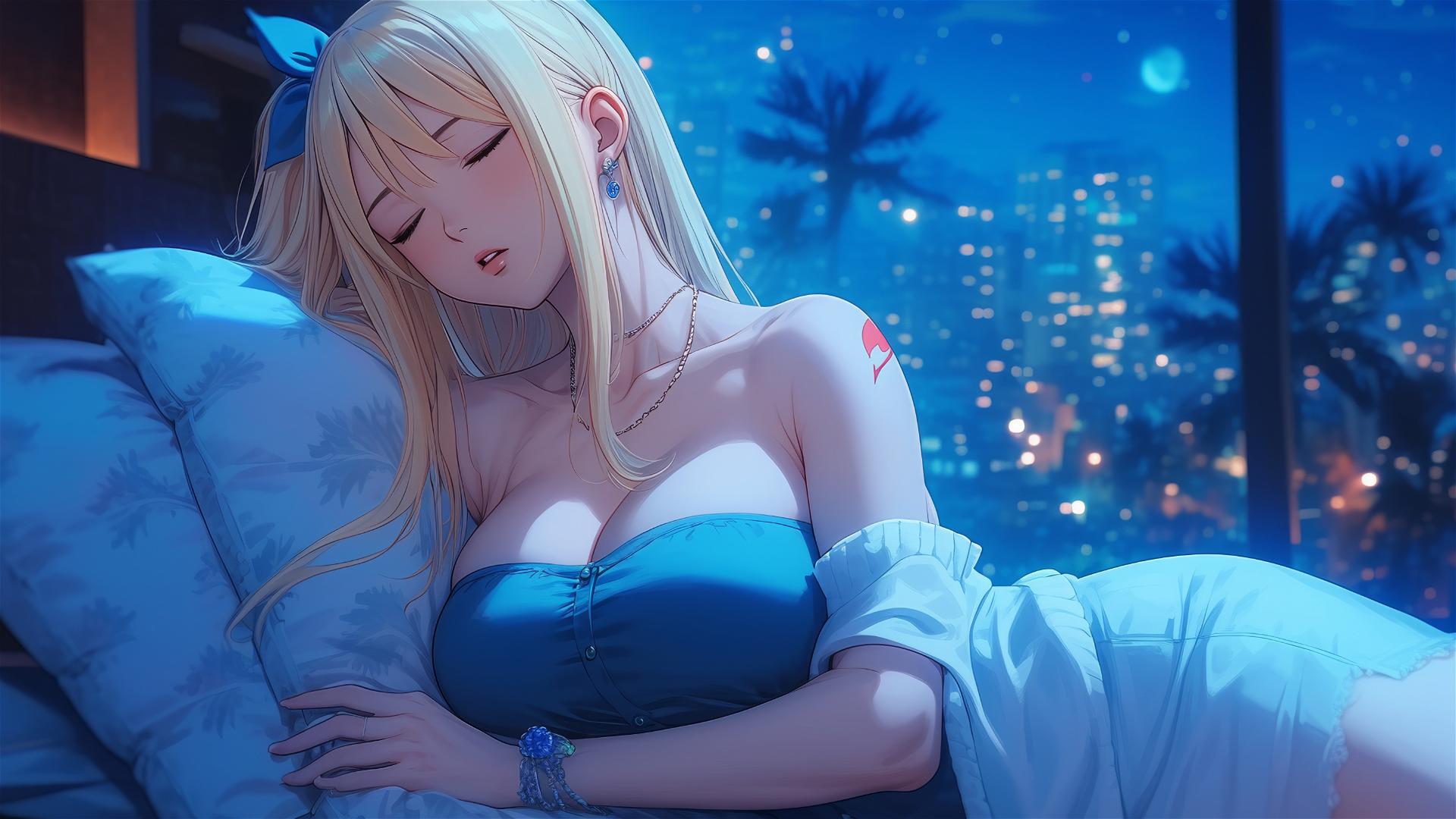 Lucy Heartfilia resting in a modern apartment under moonlight