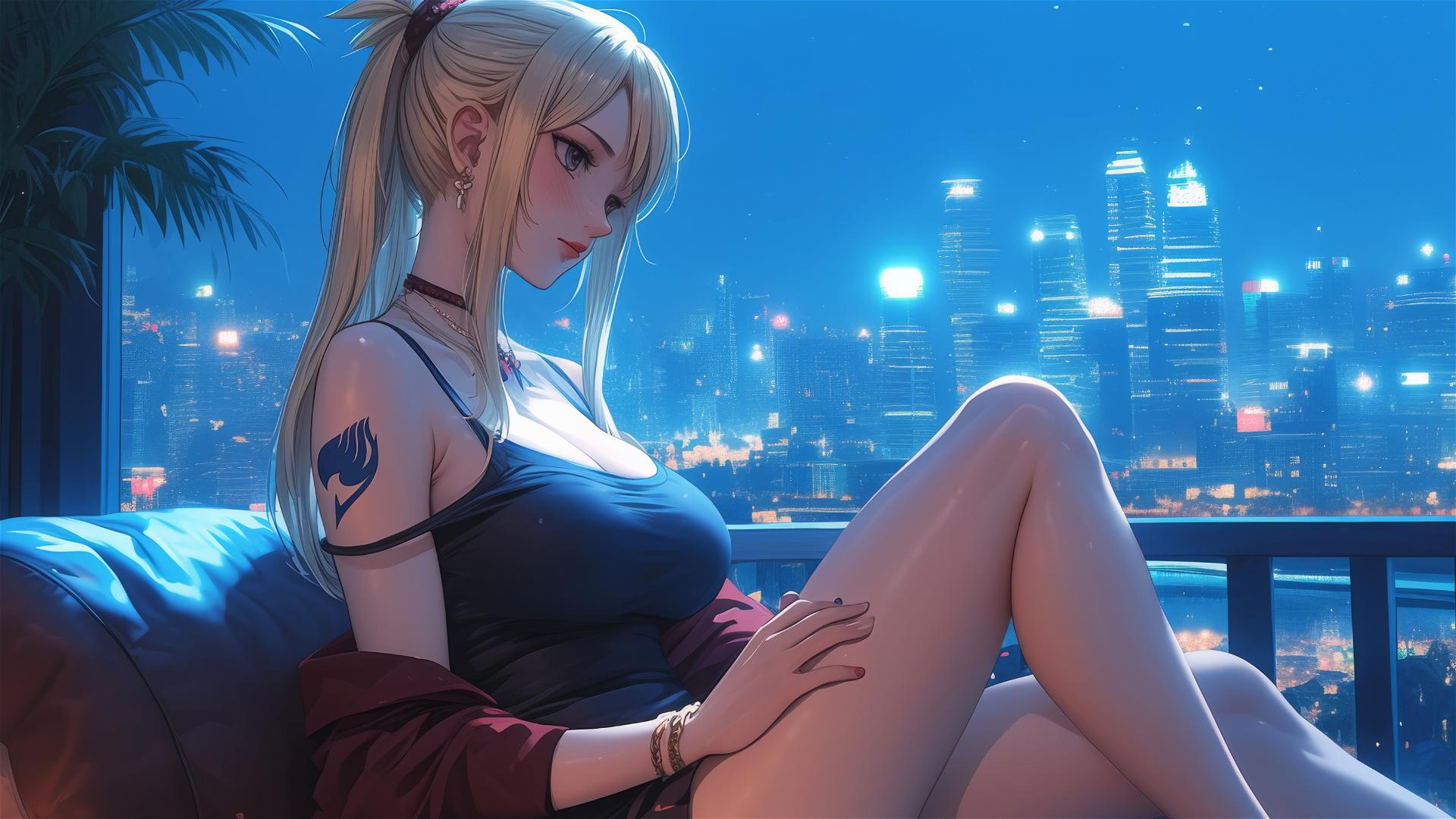 Lucy Heartfilia from Fairy Tail resting in a modern apartment with moonlight.
