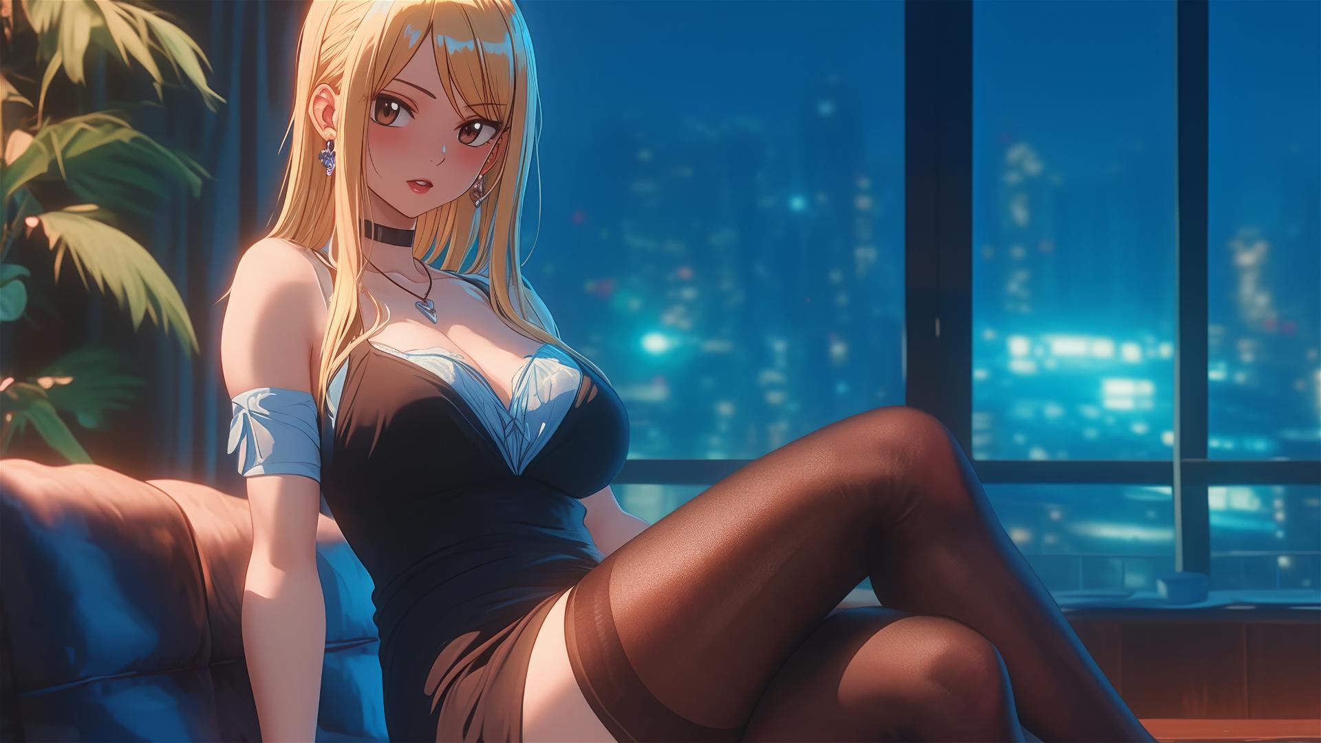 Lucy Heartfilia resting in a modern apartment under moonlight