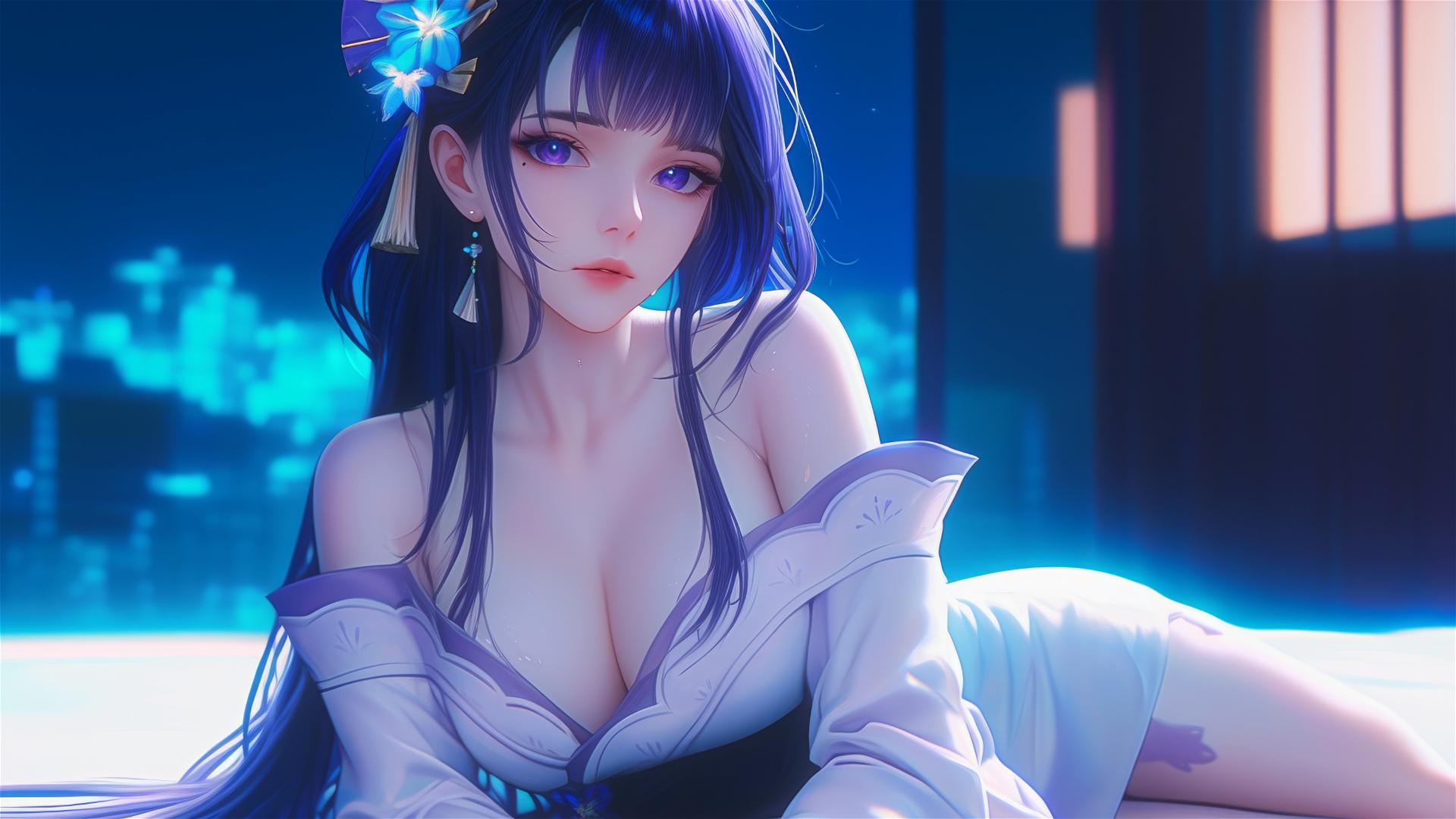 Raiden Shogun from Genshin Impact resting in a modern hotel with moonlight glow.