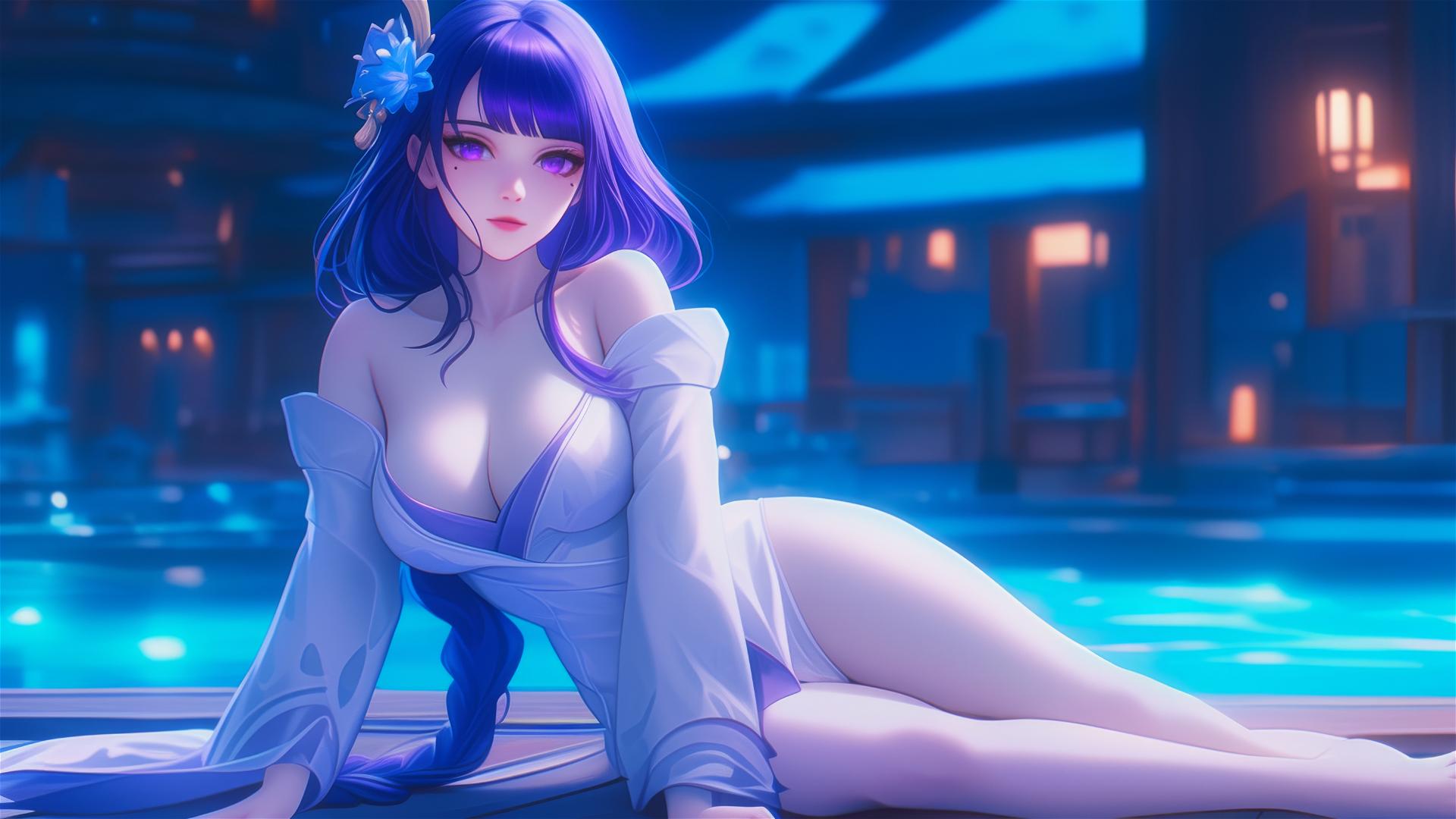 Raiden Shogun from Genshin Impact resting in a modern hotel under moonlight