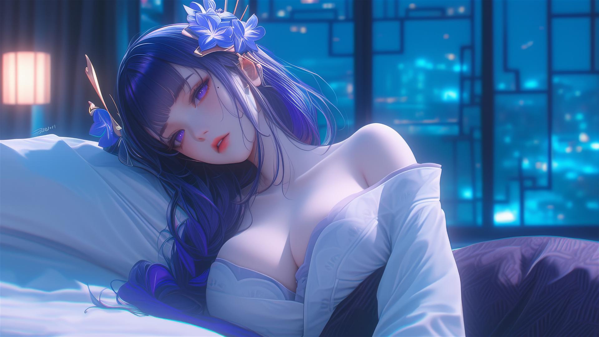 Raiden Shogun from Genshin Impact resting in a modern hotel, moonlight glow