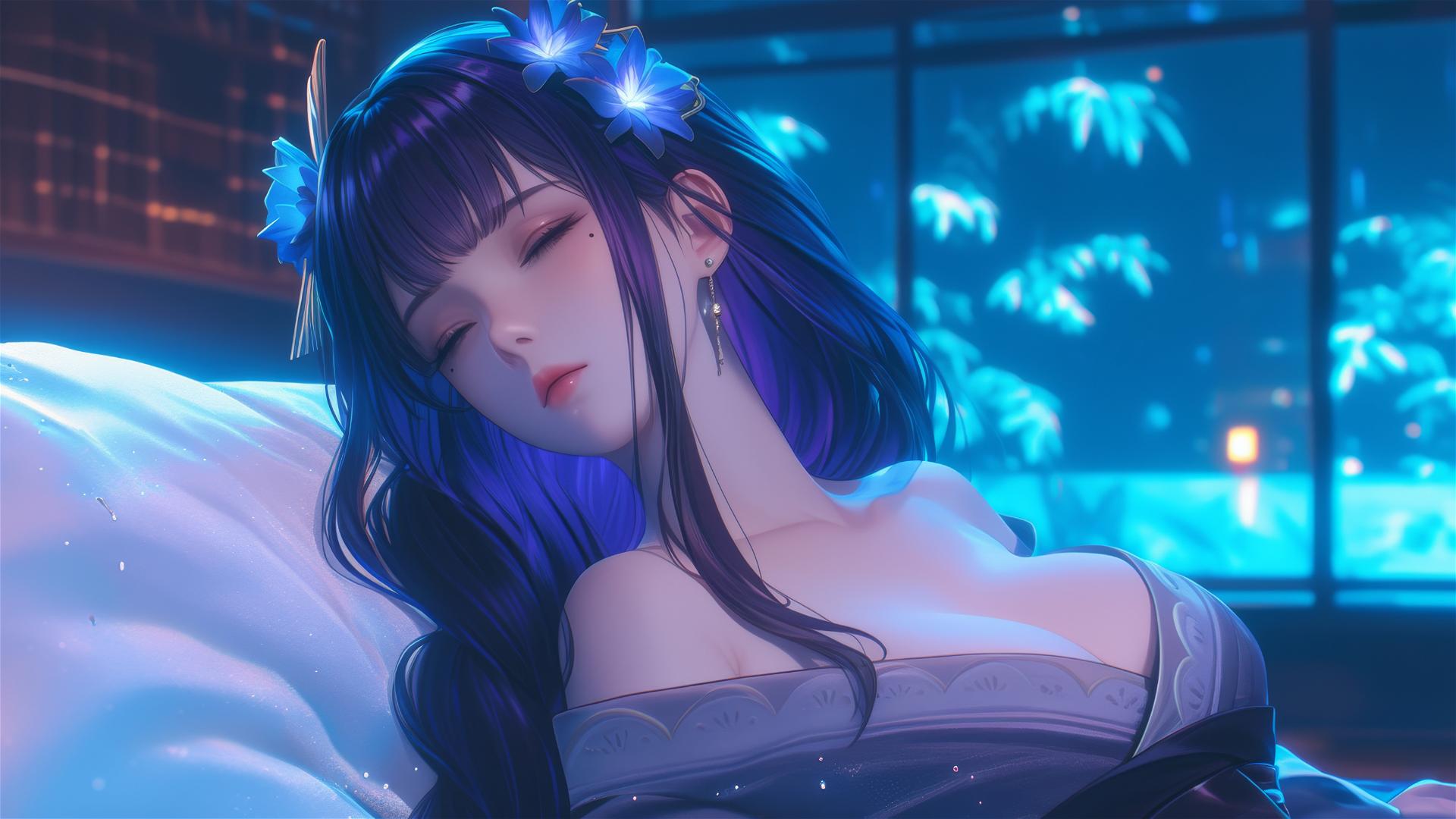 Raiden Shogun from Genshin Impact resting at a modern hotel with moonlight glow