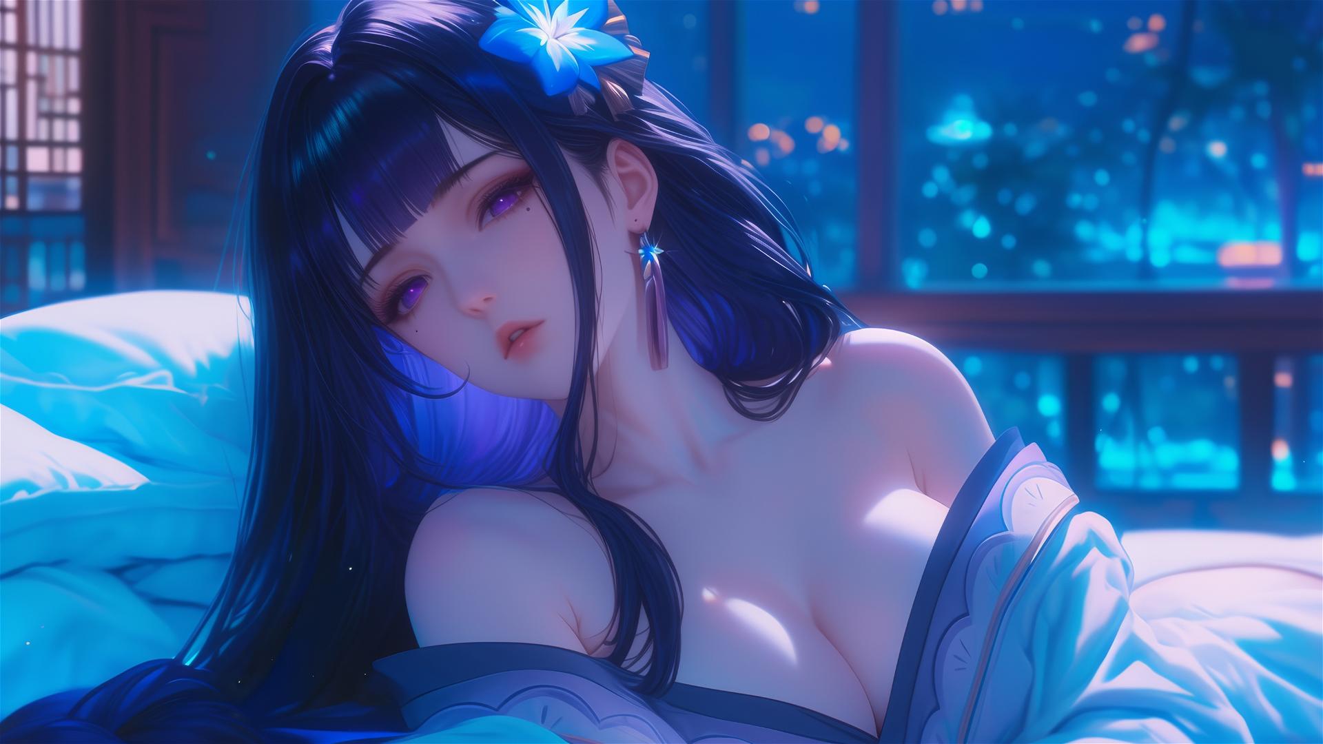 Raiden Shogun from Genshin Impact resting at modern hotel under moonlight