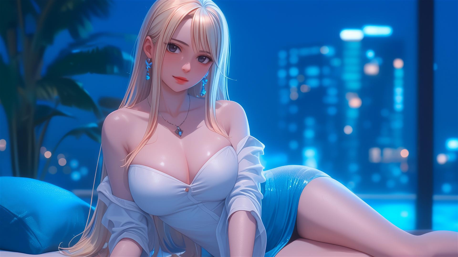 Lucy Heartfilia resting in a modern apartment under moonlight