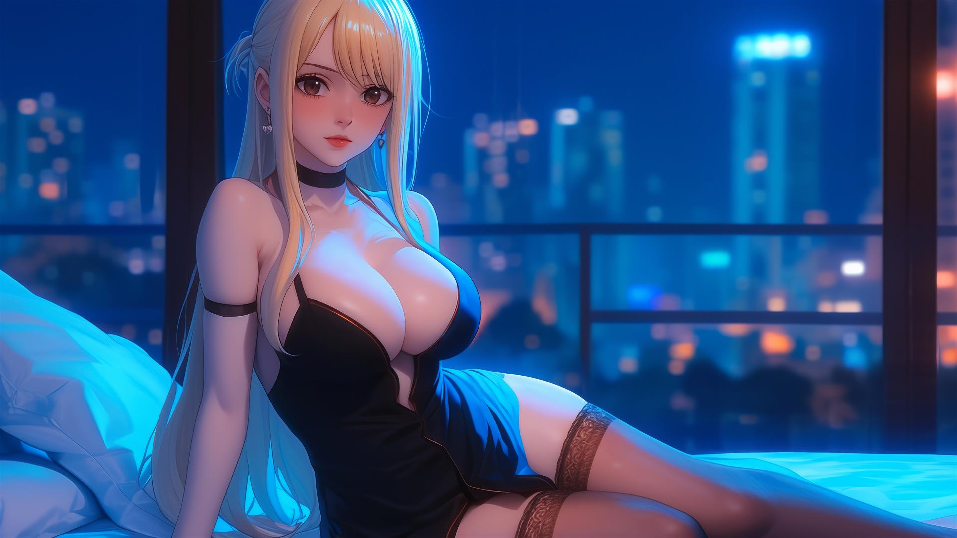 Lucy Heartfilia resting in a moonlit modern hotel room