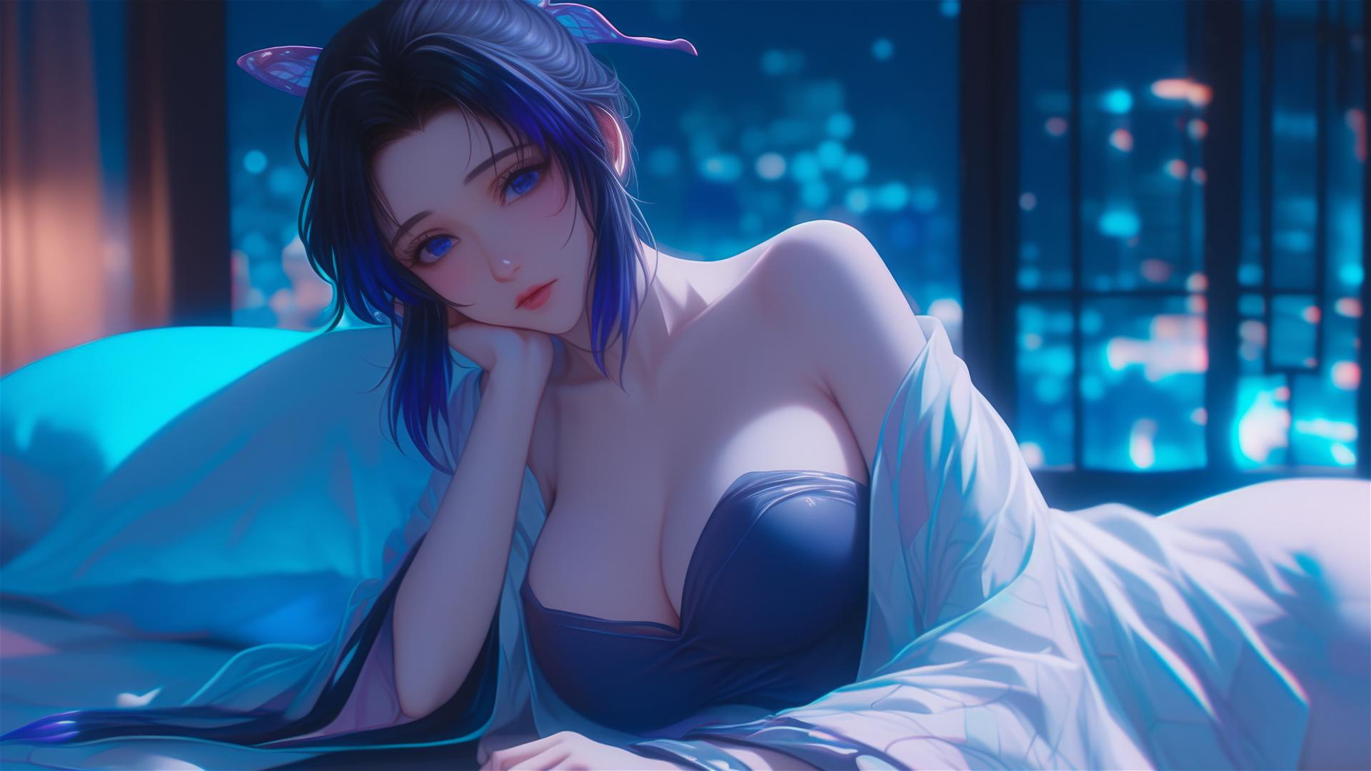 Shinobu Kocho resting in a modern hotel room with moonlight glow