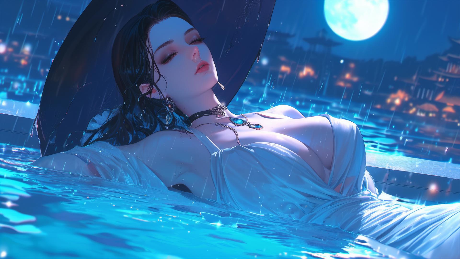 Lady Dimitrescu resting at a rainy swimming pool with moonlight glow