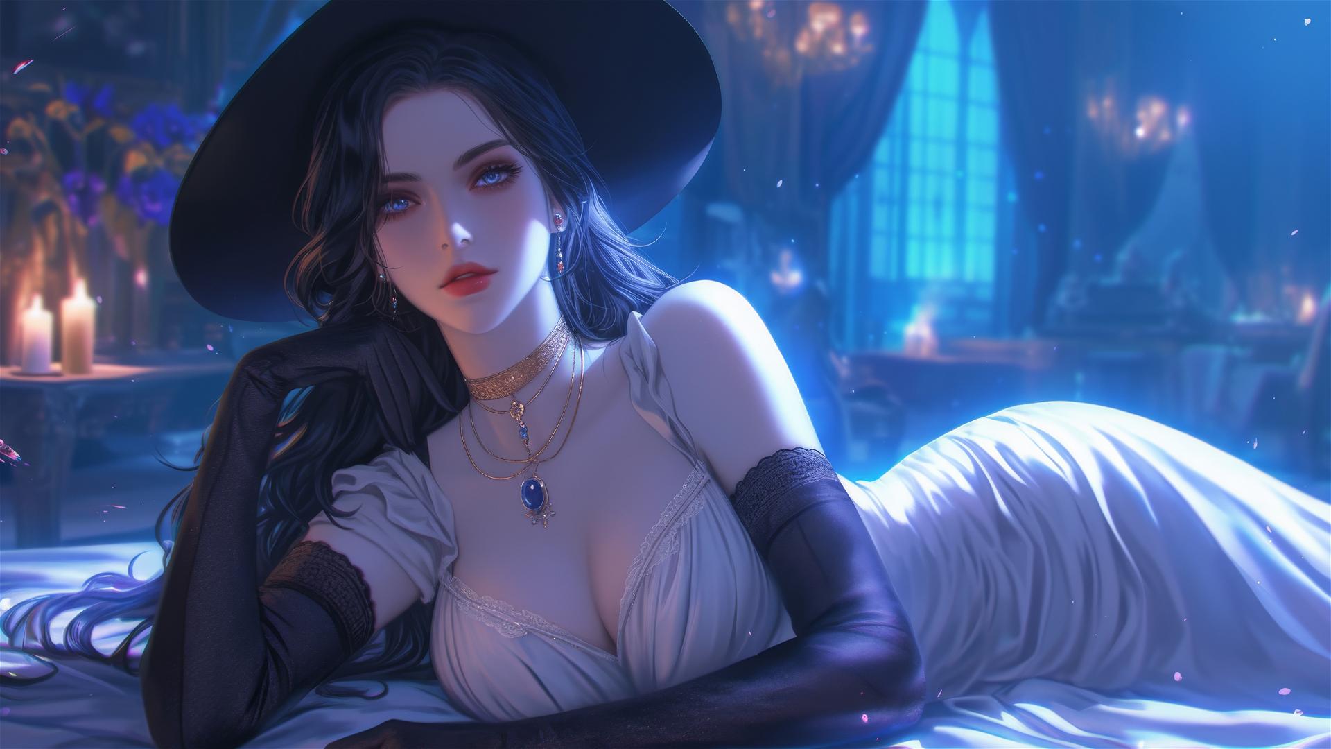 Lady Dimitrescu from Resident Evil resting on a modern hotel bed under moonlight, extremely pale skin, gothic horror elegance.